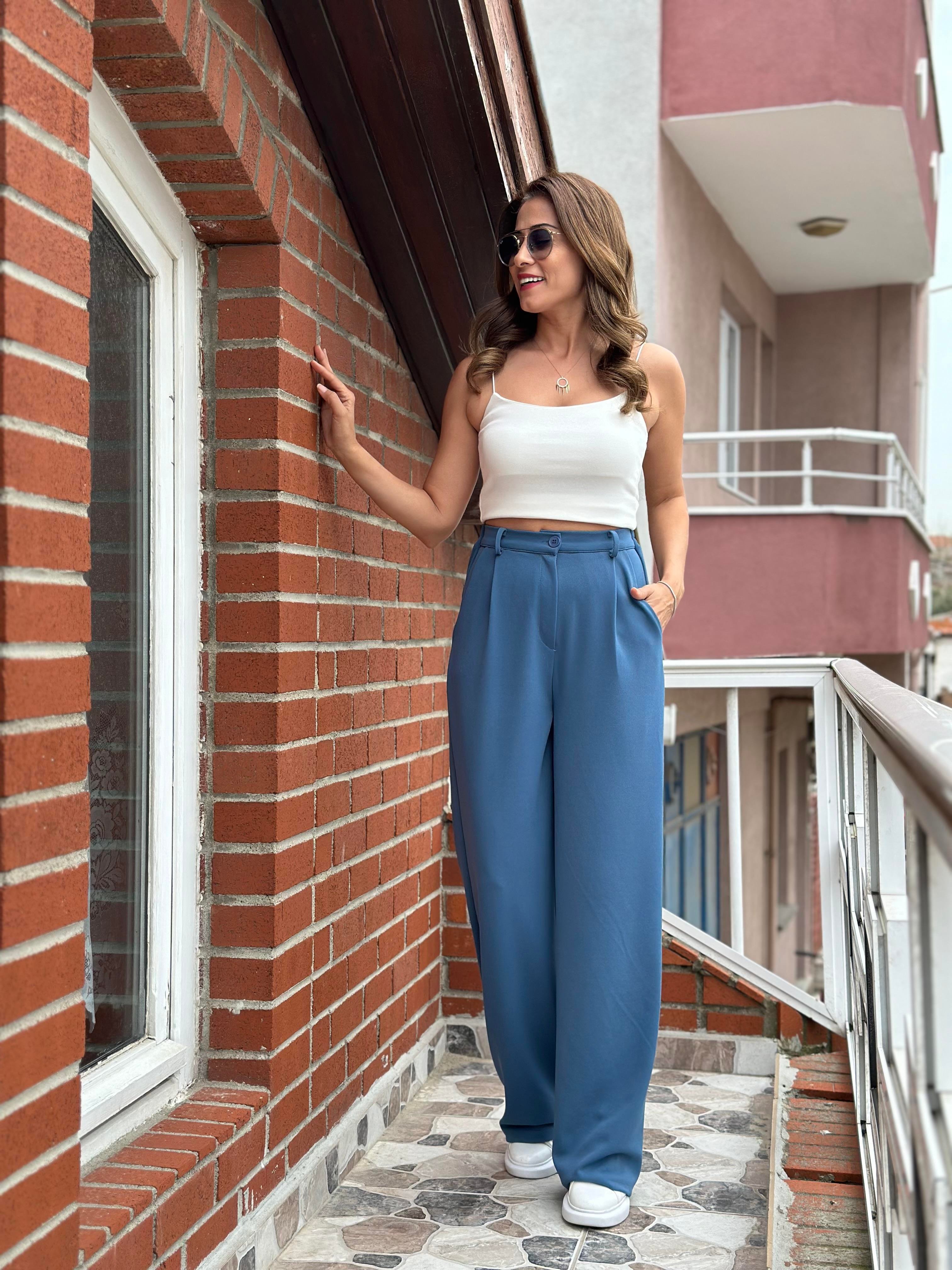 İndigo Arka Beli Lastikli Cepli Likralı Krep Palazzo Kadın Pantolon