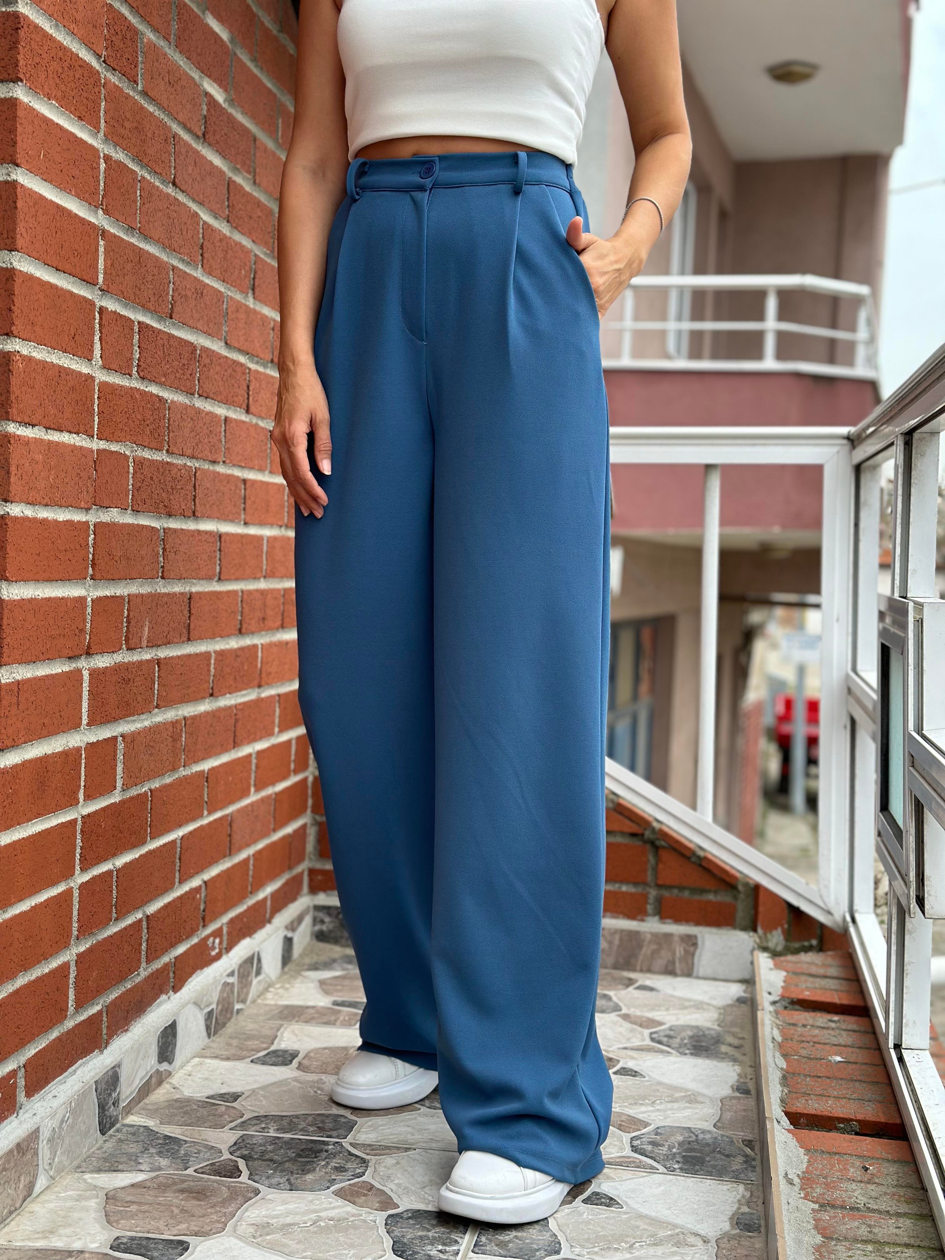 İndigo Arka Beli Lastikli Cepli Likralı Krep Palazzo Kadın Pantolon