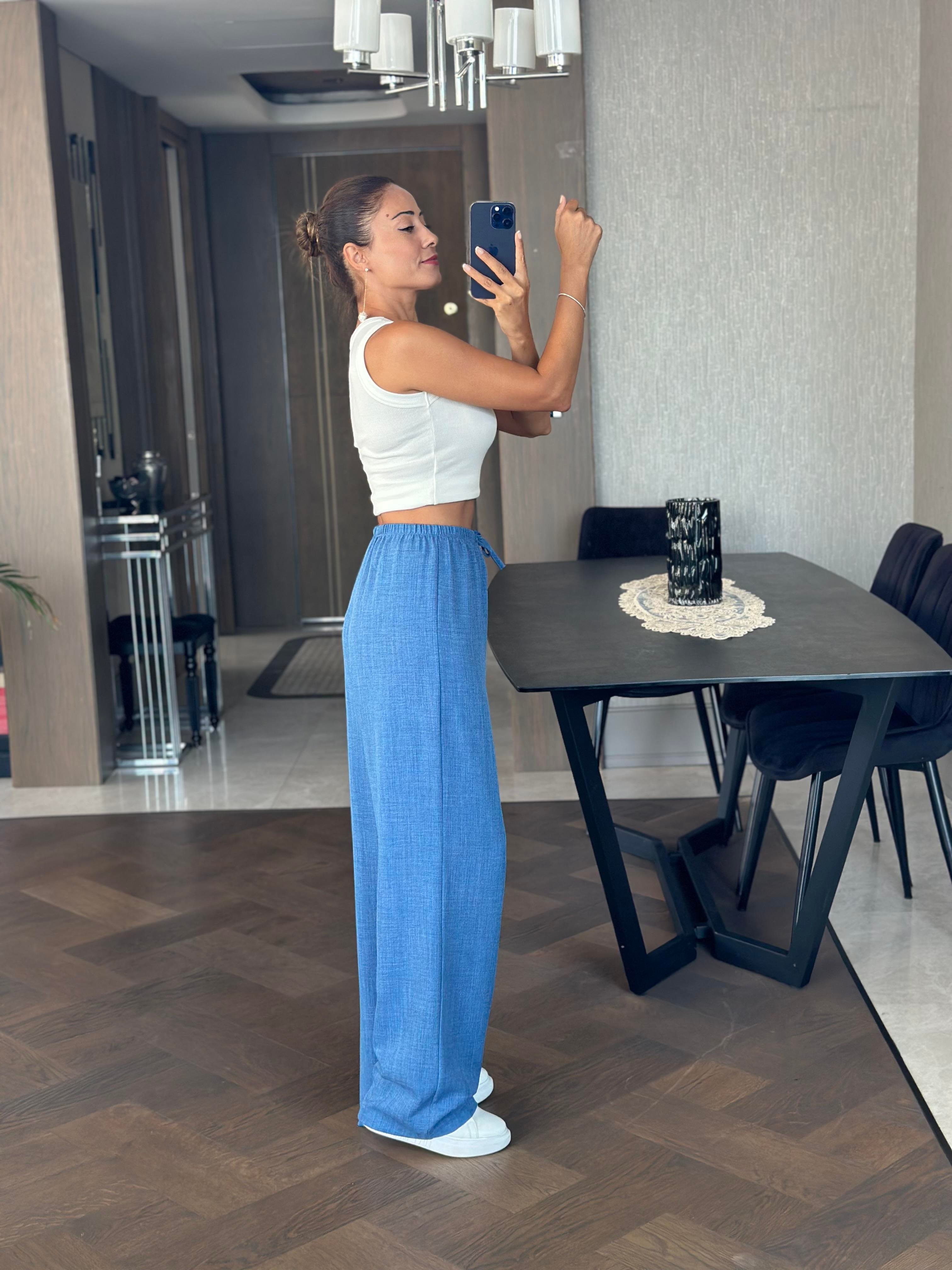 İndigo Beli Bağcık Detay Lastikli Bol Paça Aerobin Kadın Pantolon