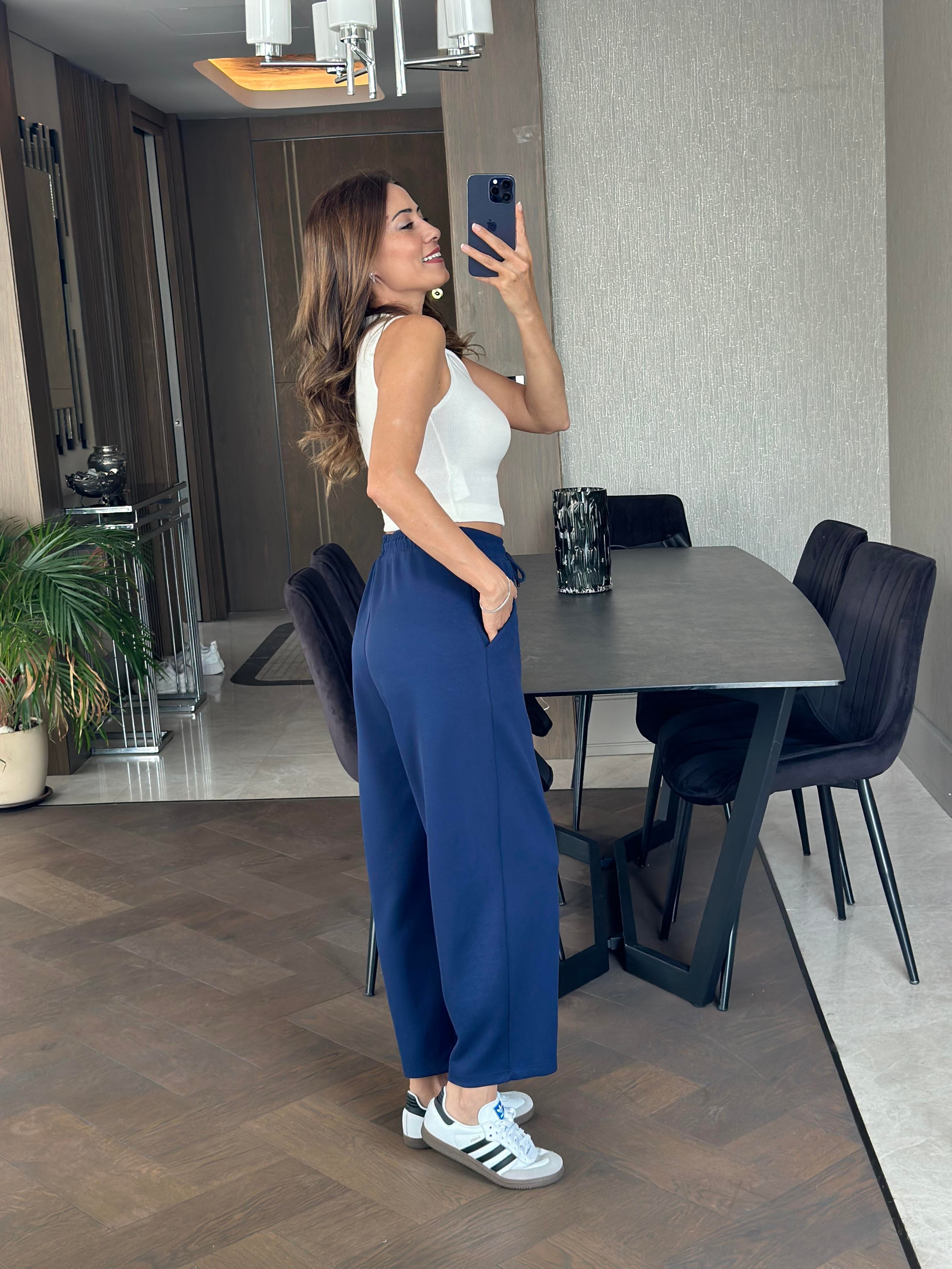 İndigo Beli Bağcıklı Cepli Önü Dikiş Detay Kadın Pantolon