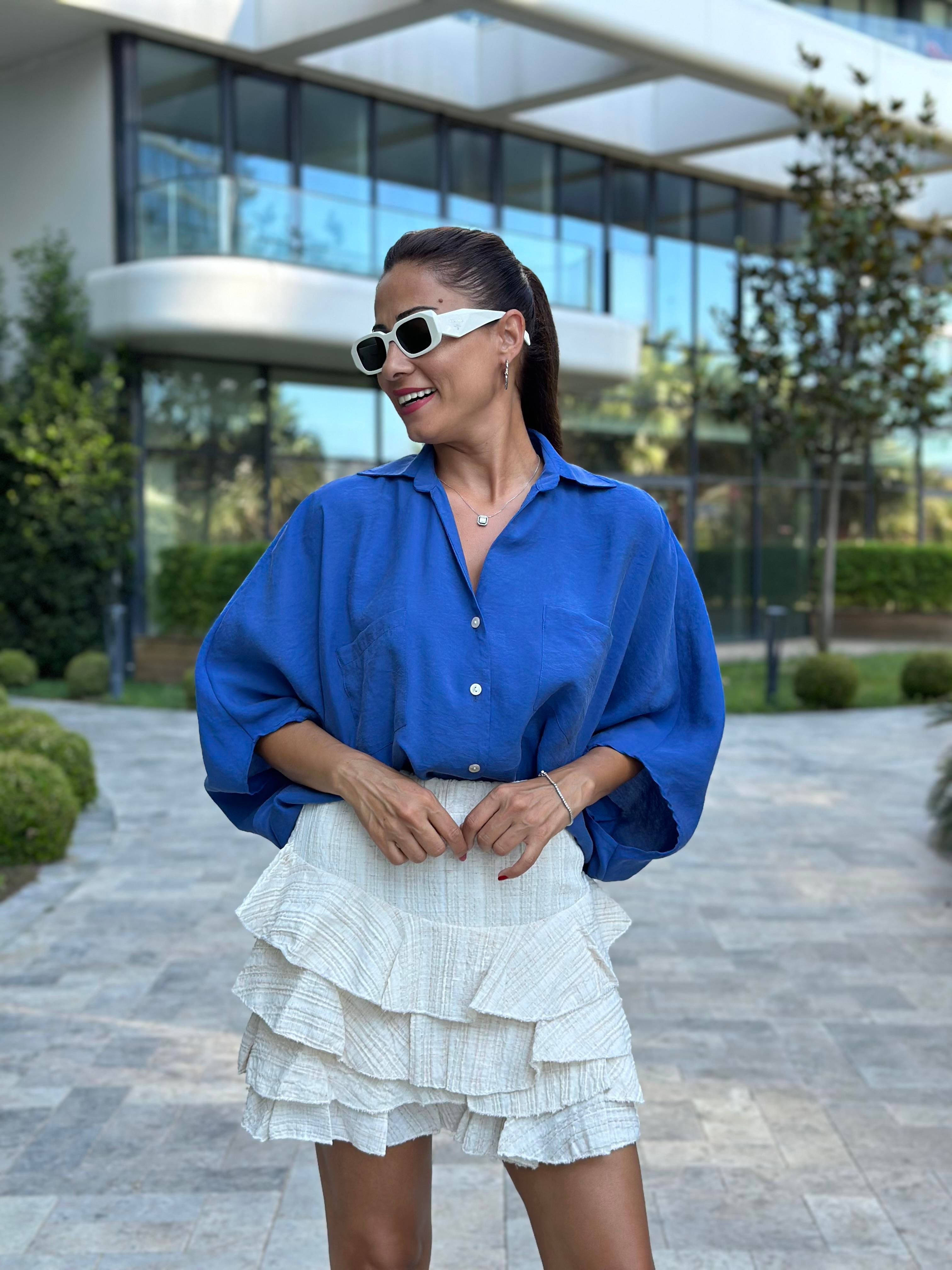 İndigo Çift Cepli Yarasa Kol Tnsel Kadın Gömlek