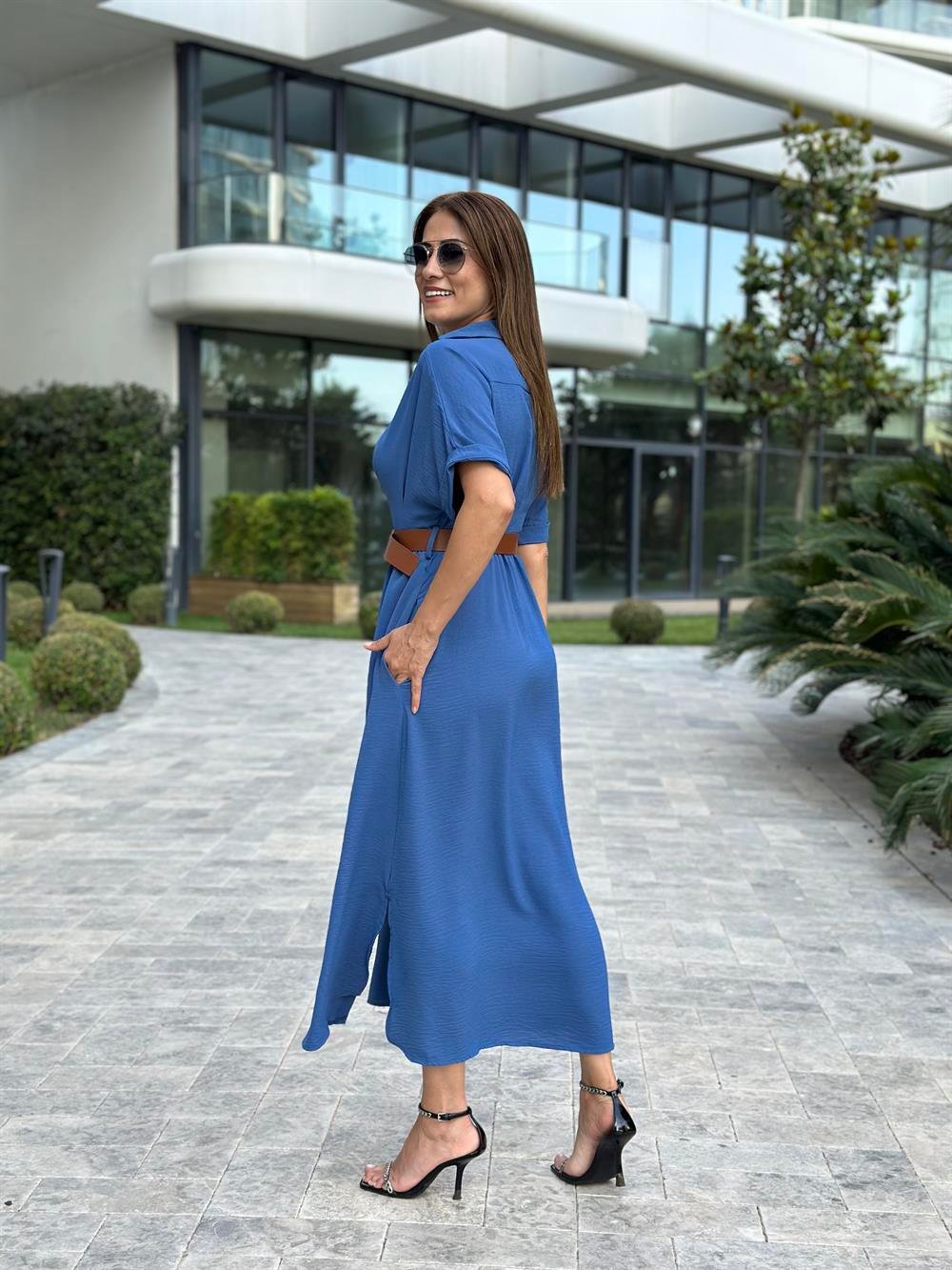 İndigo Ön Ve Arka Pileli Kısa Kol Kemerli Kadın Gömlek Elbise