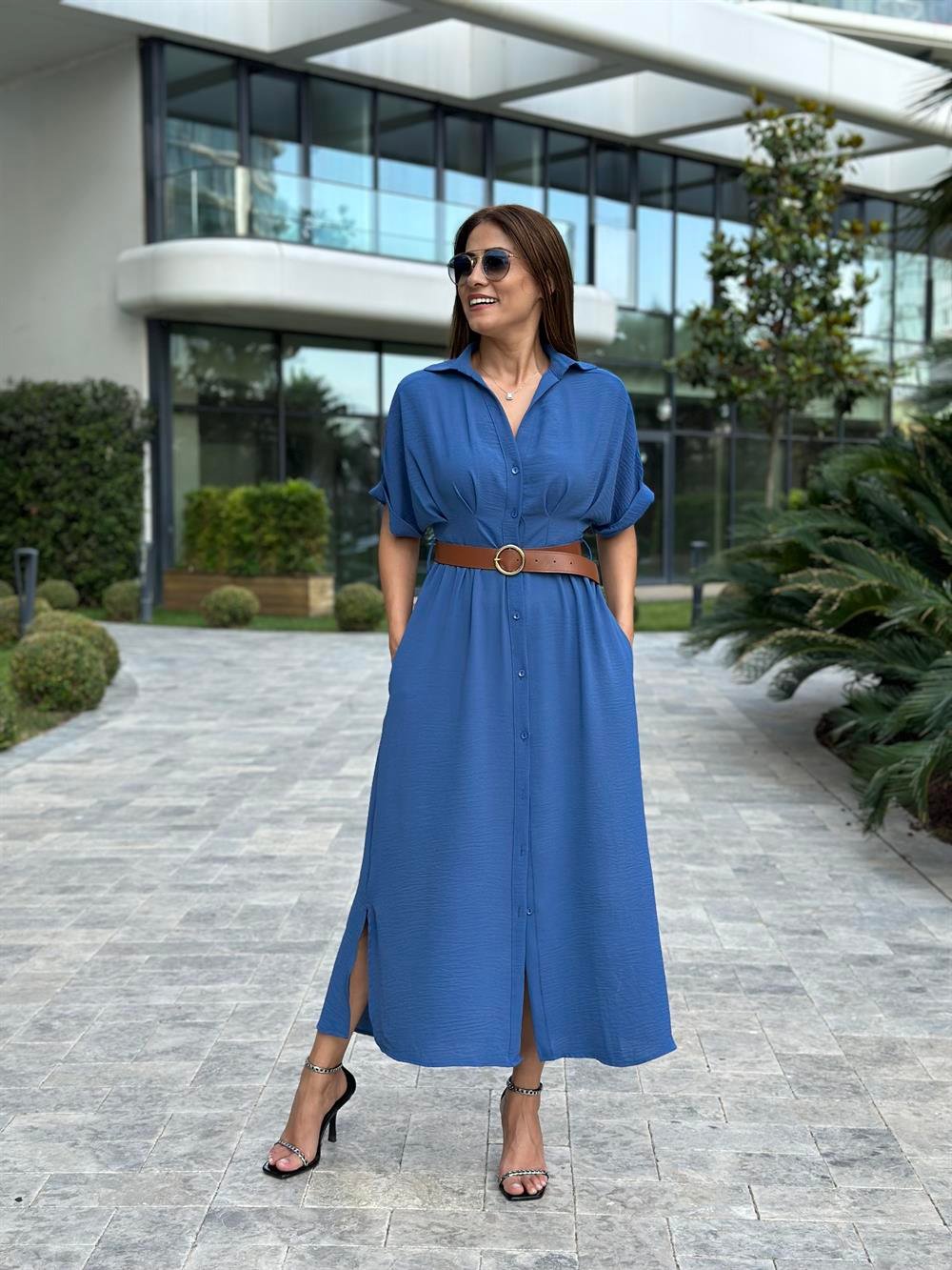 İndigo Ön Ve Arka Pileli Kısa Kol Kemerli Kadın Gömlek Elbise
