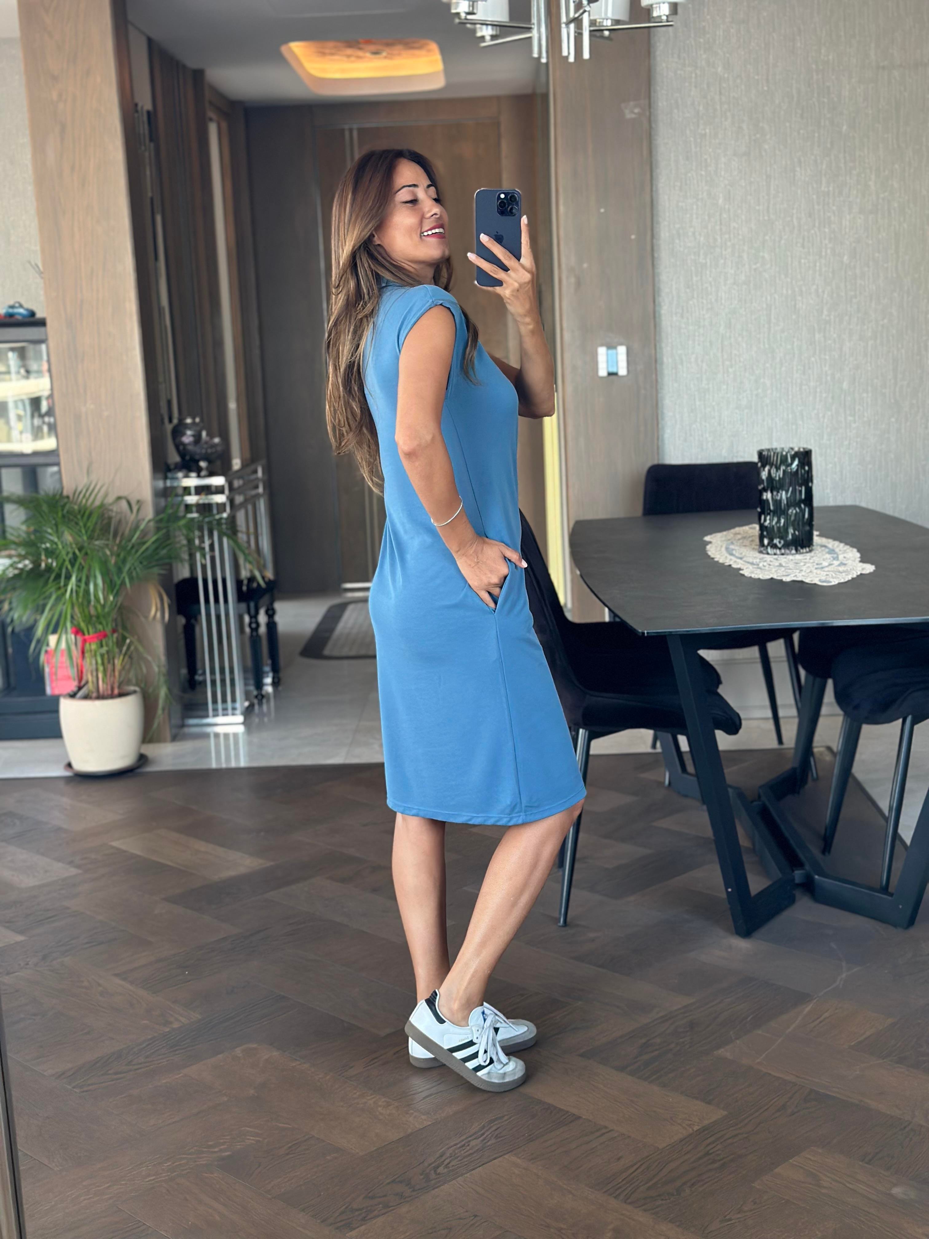 İndigo Oysh Polo Yaka Sıfır Kol Modal Midi Boy Kadın Elbise 