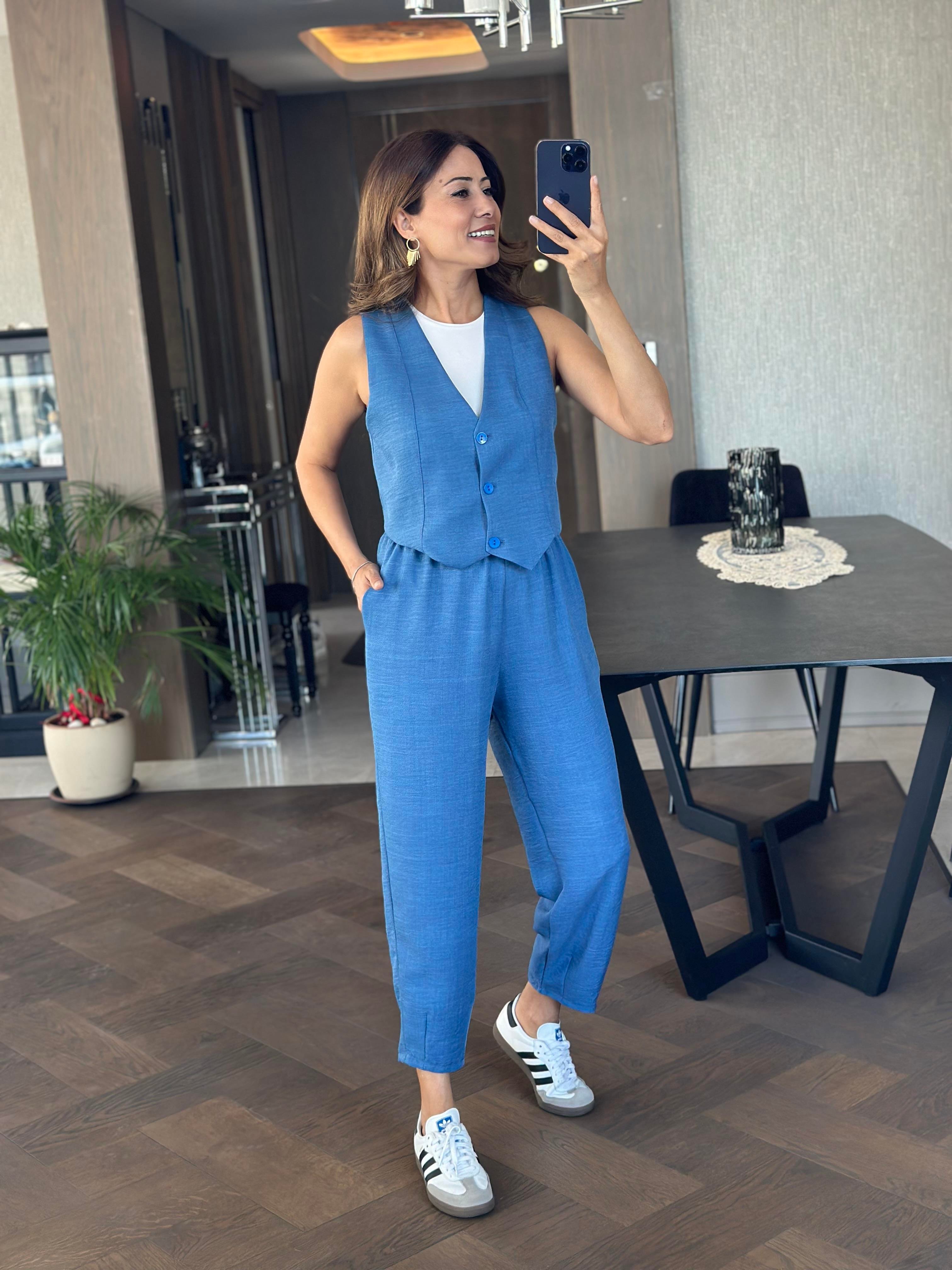 İndigo Paçası Pensli Beli Lastikli Cepli Aerobin Kadın Pantolon