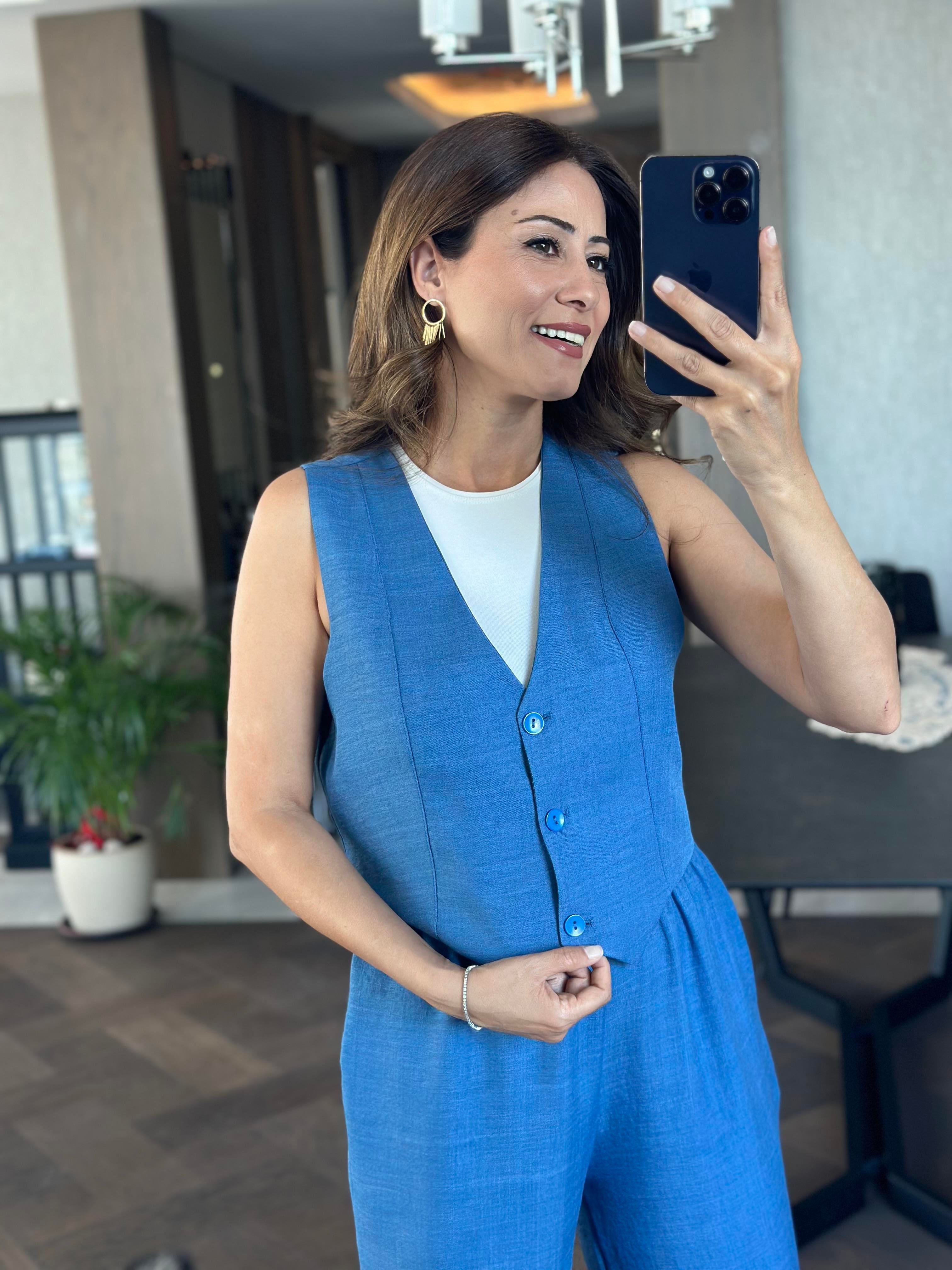 İndigo Sıfır Kol Üç Düğmeli Arobin  Kumaş Kadın Yelek