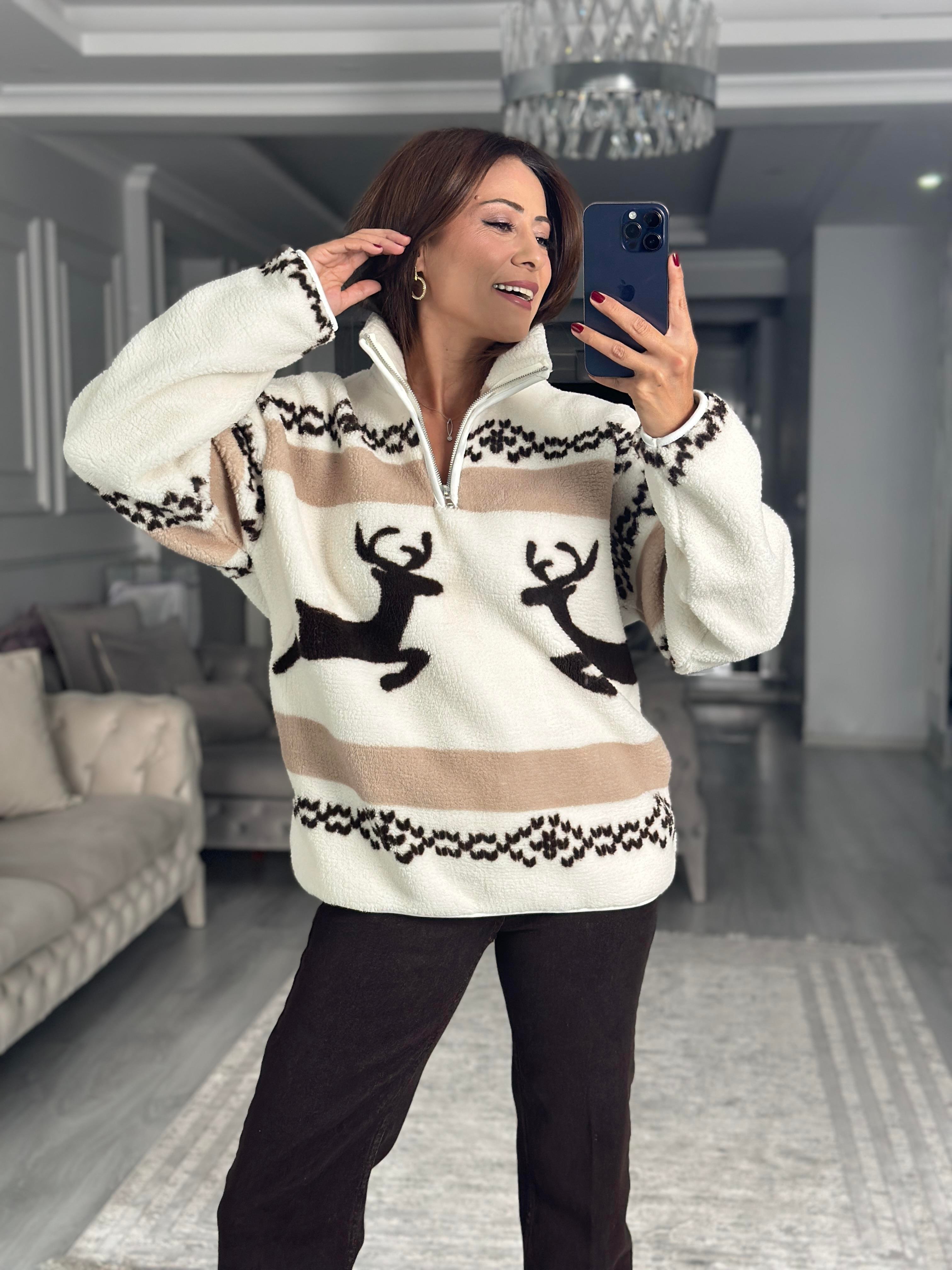 Kahve Geyik Desenli Yarım Fermuarlı Peluş Kadın Sweatshirt