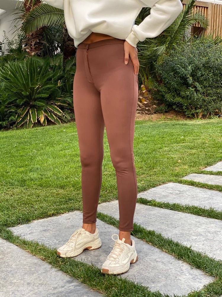 Kahverengi Arka Cepli Nano Fit Kadın Pantolon