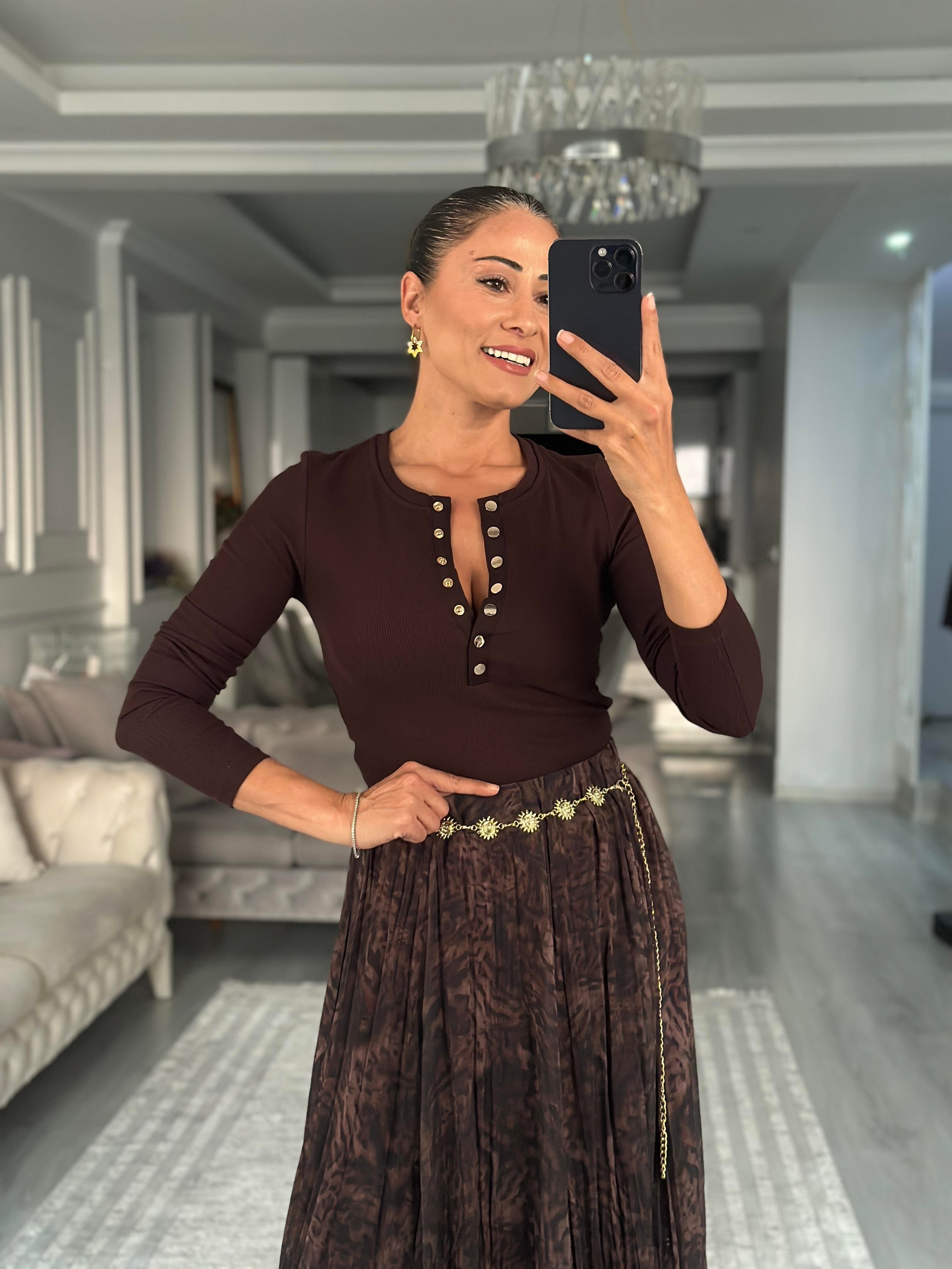 Kahverengi Batik Desenli Asimetrik Midi Boy Kadın Şifon Etek