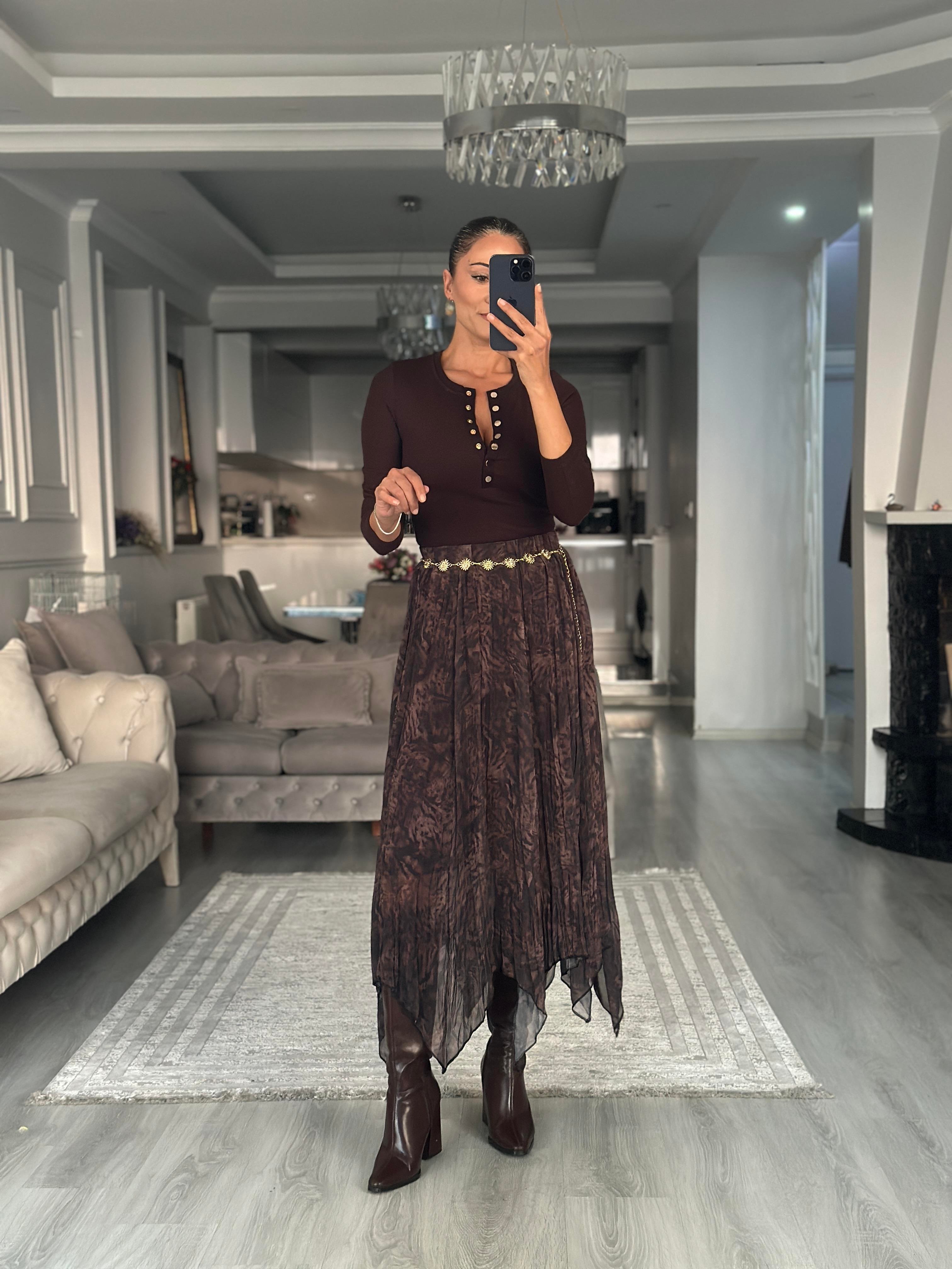 Kahverengi Batik Desenli Asimetrik Midi Boy Kadın Şifon Etek