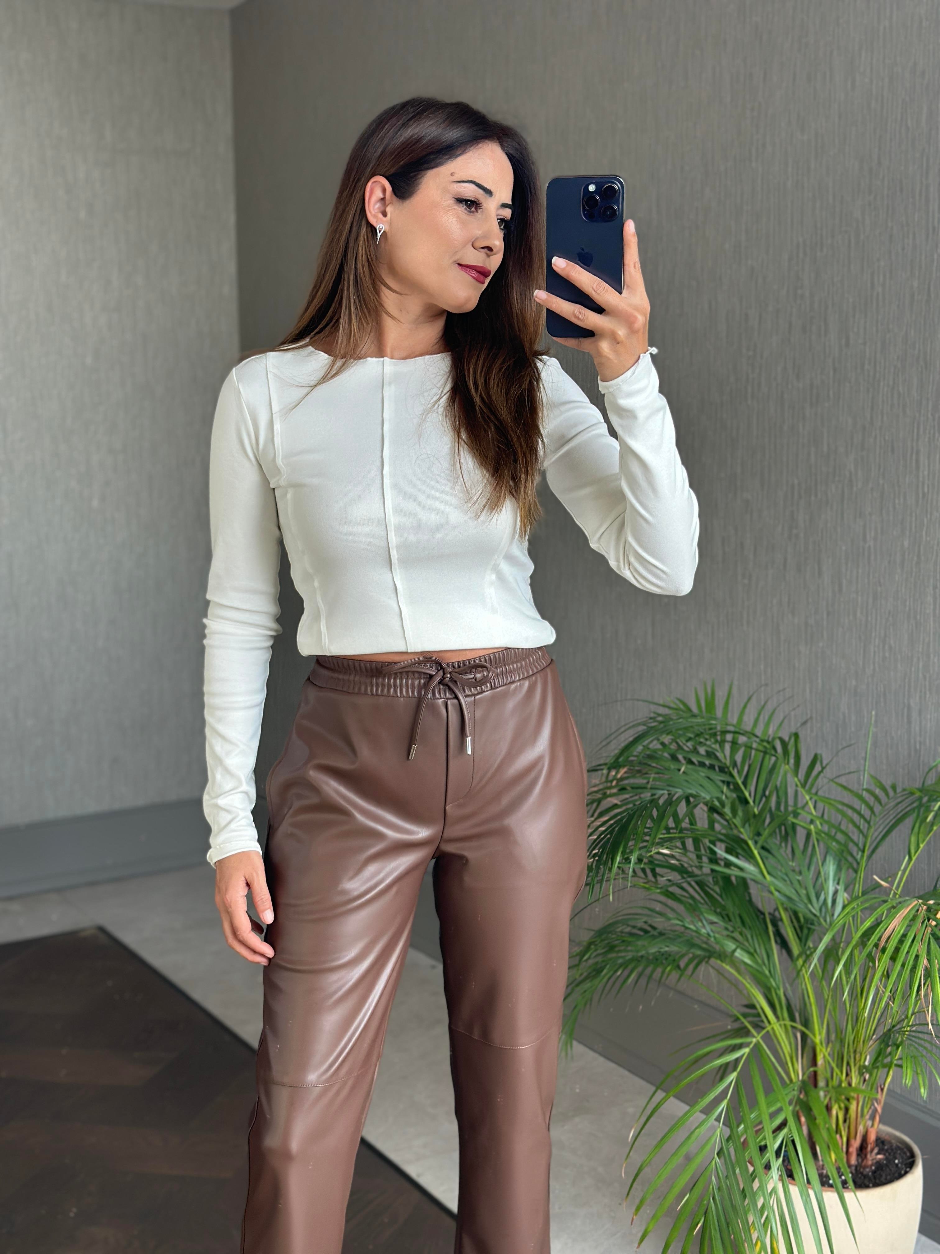 Kahverengi Beli Lastikli Düz Paça Jogger Kadın Deri Pantolon