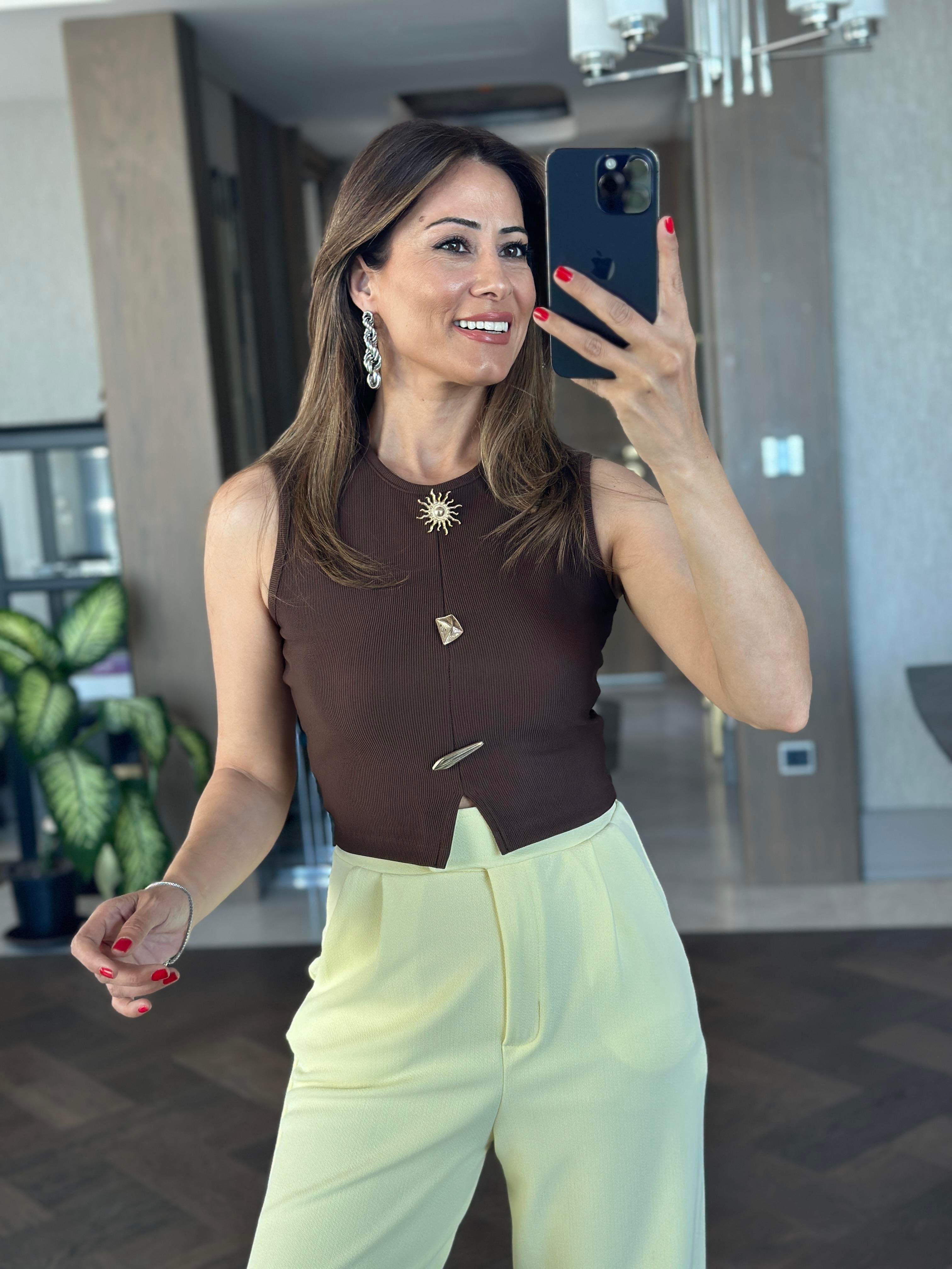 Kahverengi Bisiklet Yaka Sıfır Kol Güneş Serisi Kadın Büstiyer