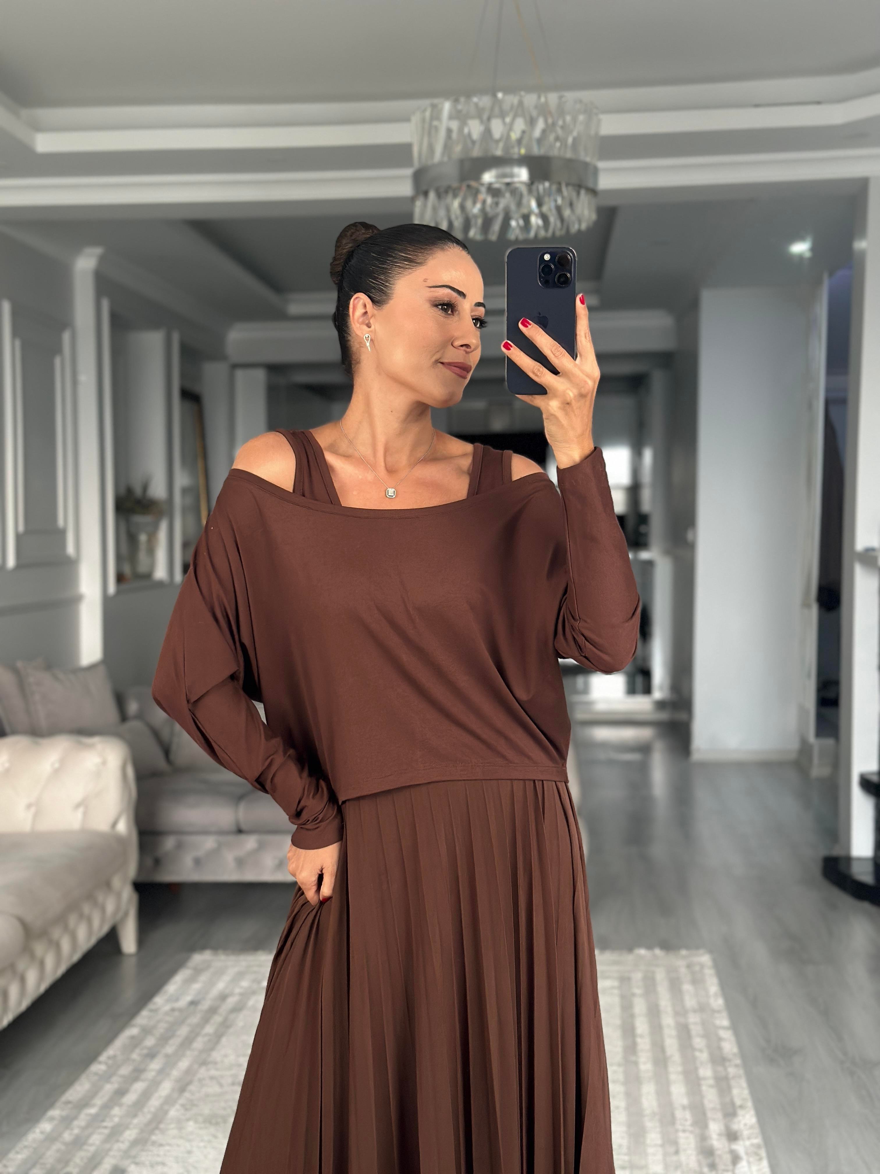 Kahverengi Bluzlu Piliseli Midi Boy Kadın İkili Elbise