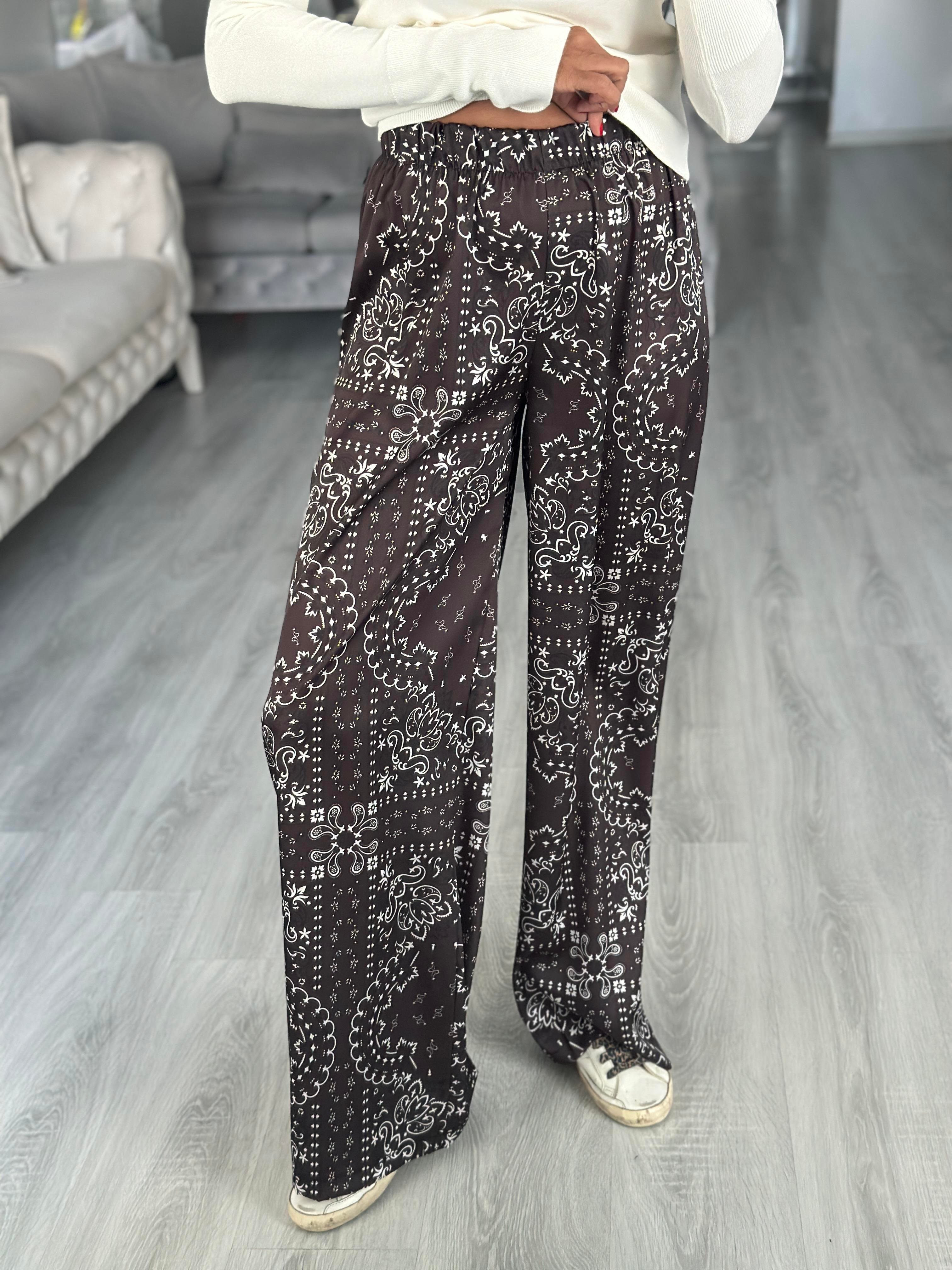 Kahverengi Desenli Beli Lastikli Cepsiz Saten Kadın Pantolon