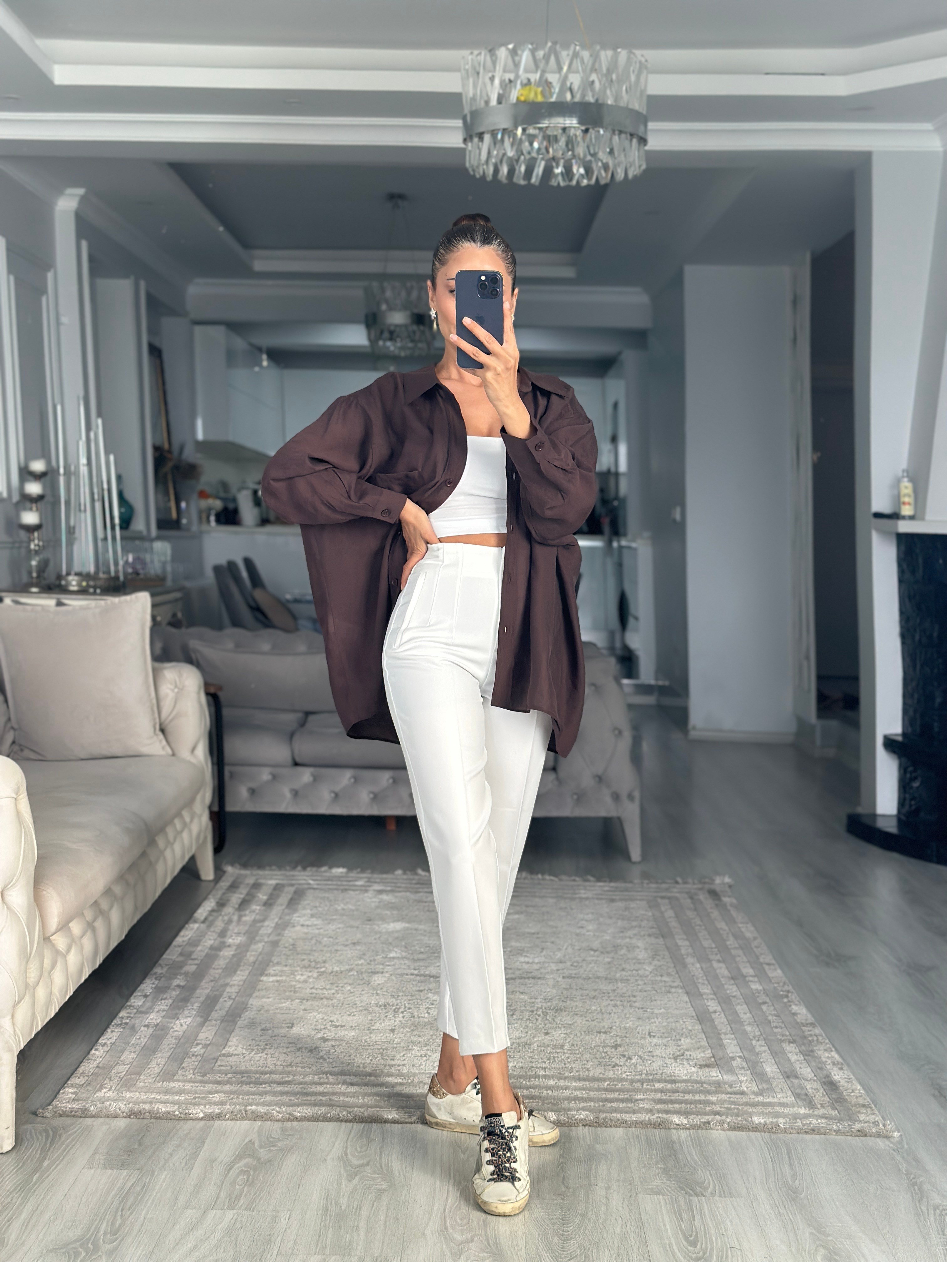 Kahverengi Düşük Omuzlu Oversize Kadın Gömlek