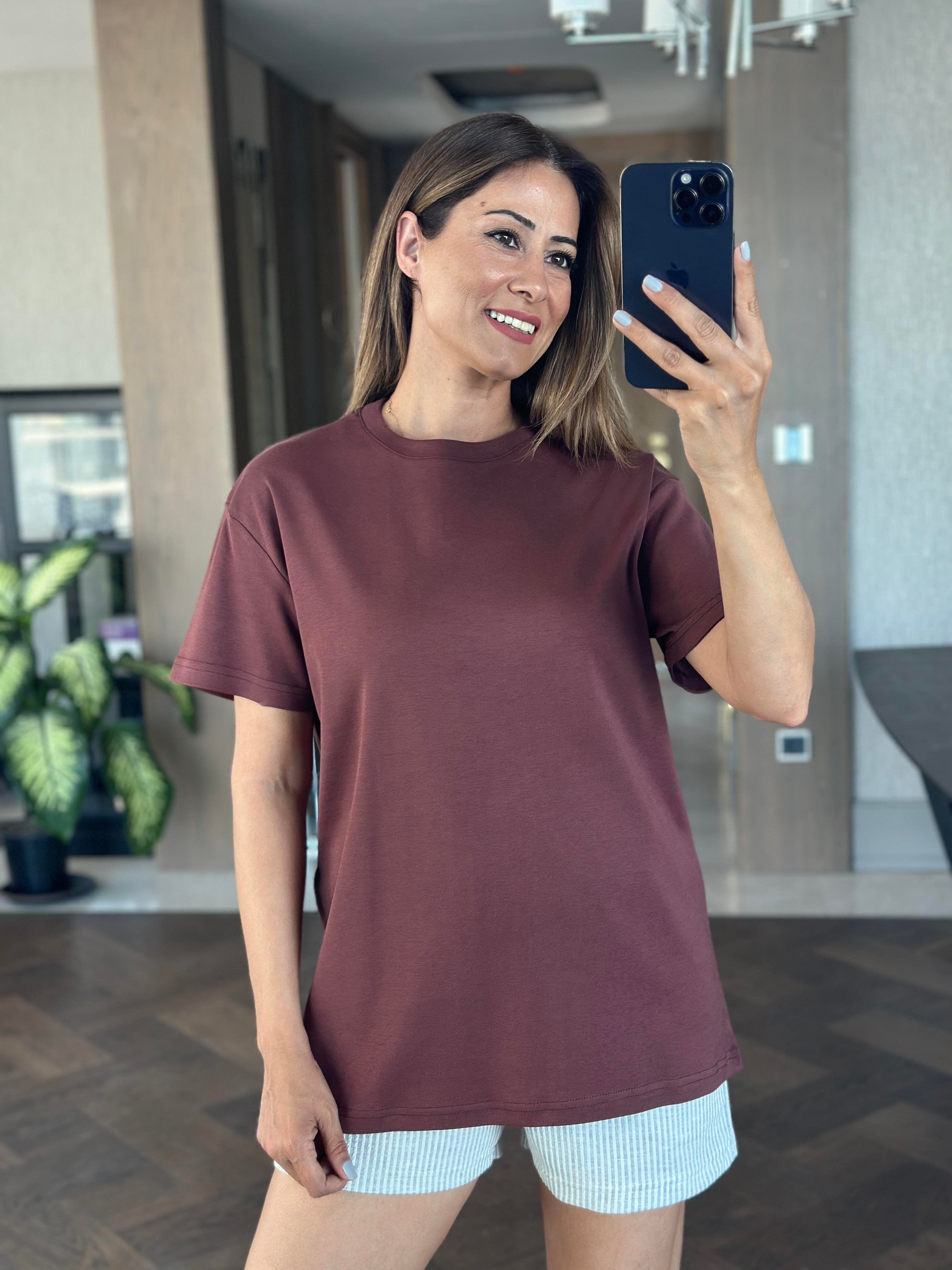 Kahverengi Düz Basic Mass Model Kadın T-Shirt