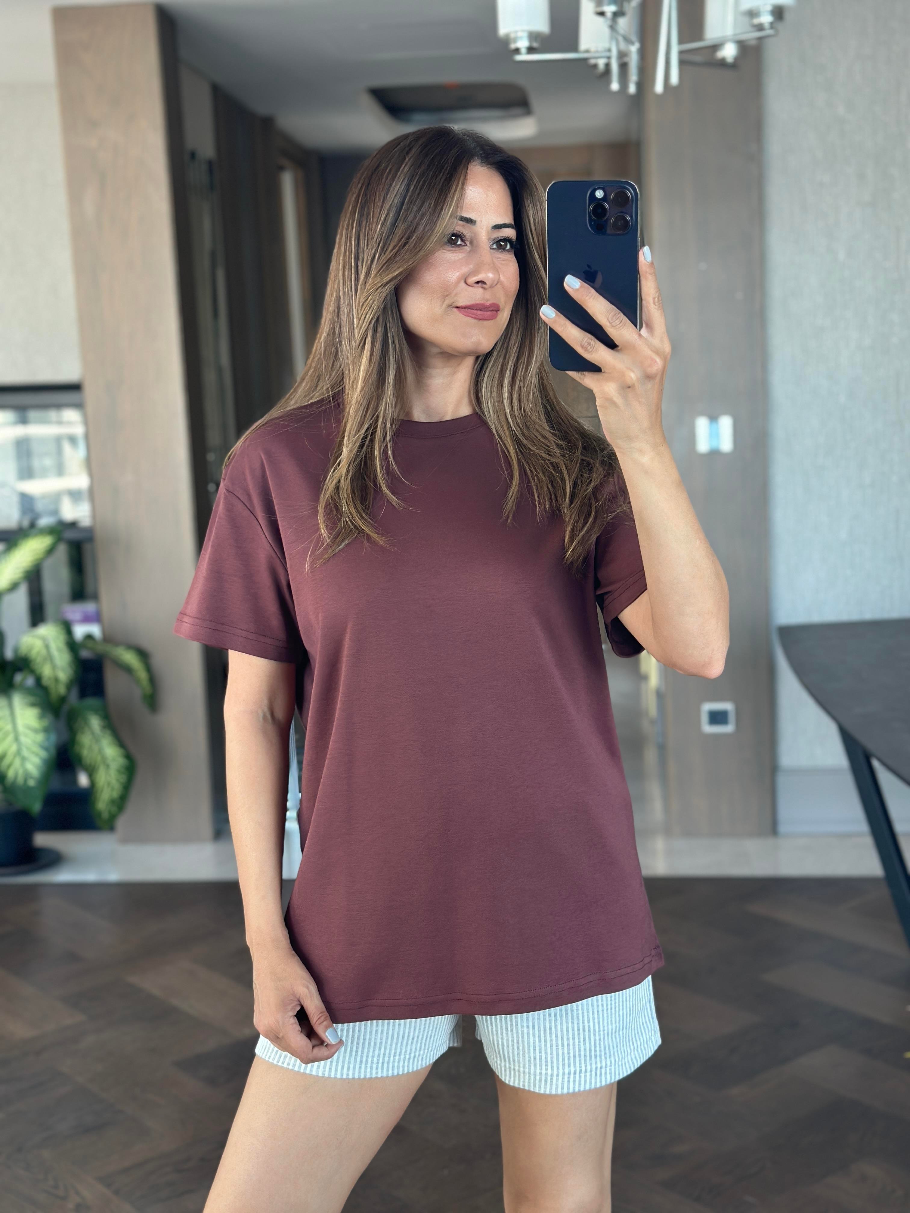 Kahverengi Düz Basic Mass Model Kadın T-Shirt