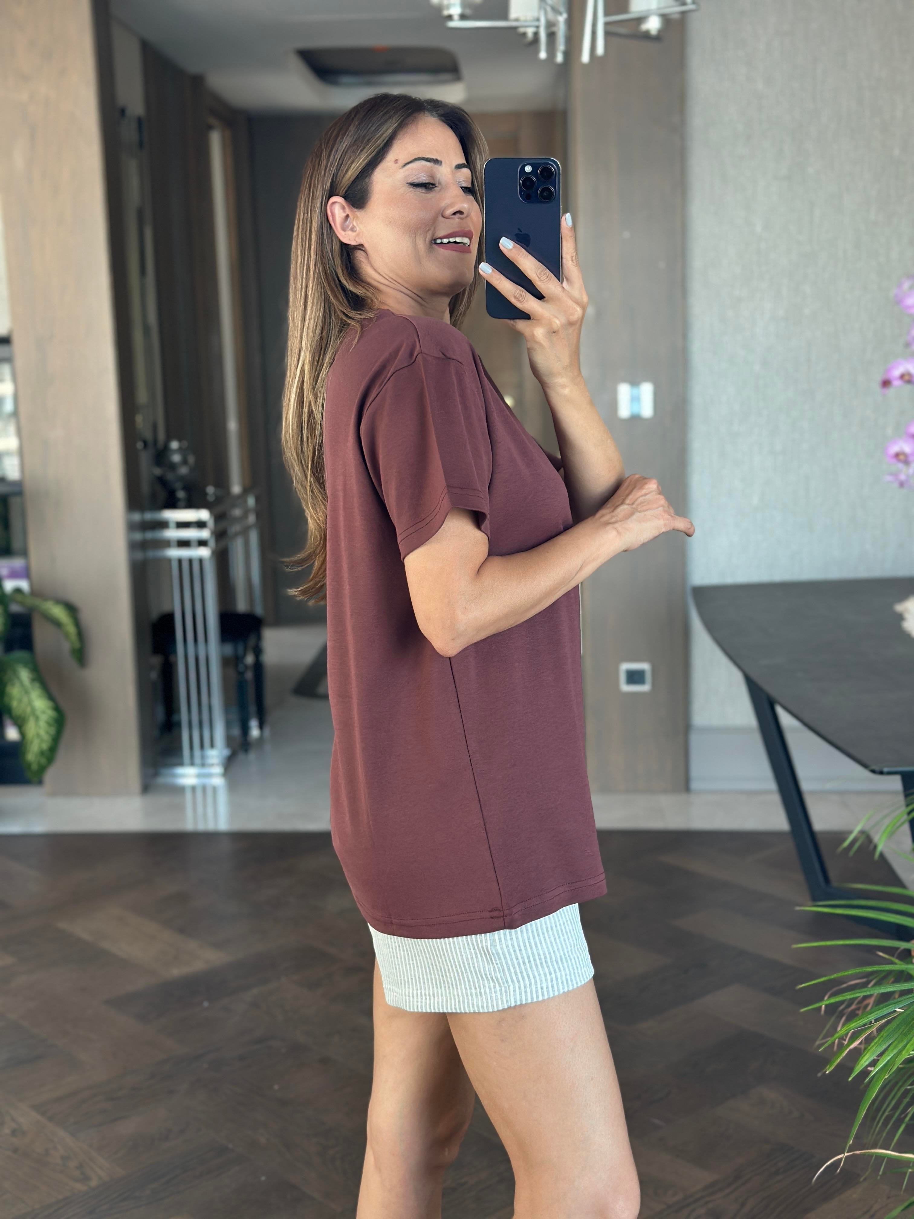 Kahverengi Düz Basic Mass Model Kadın T-Shirt