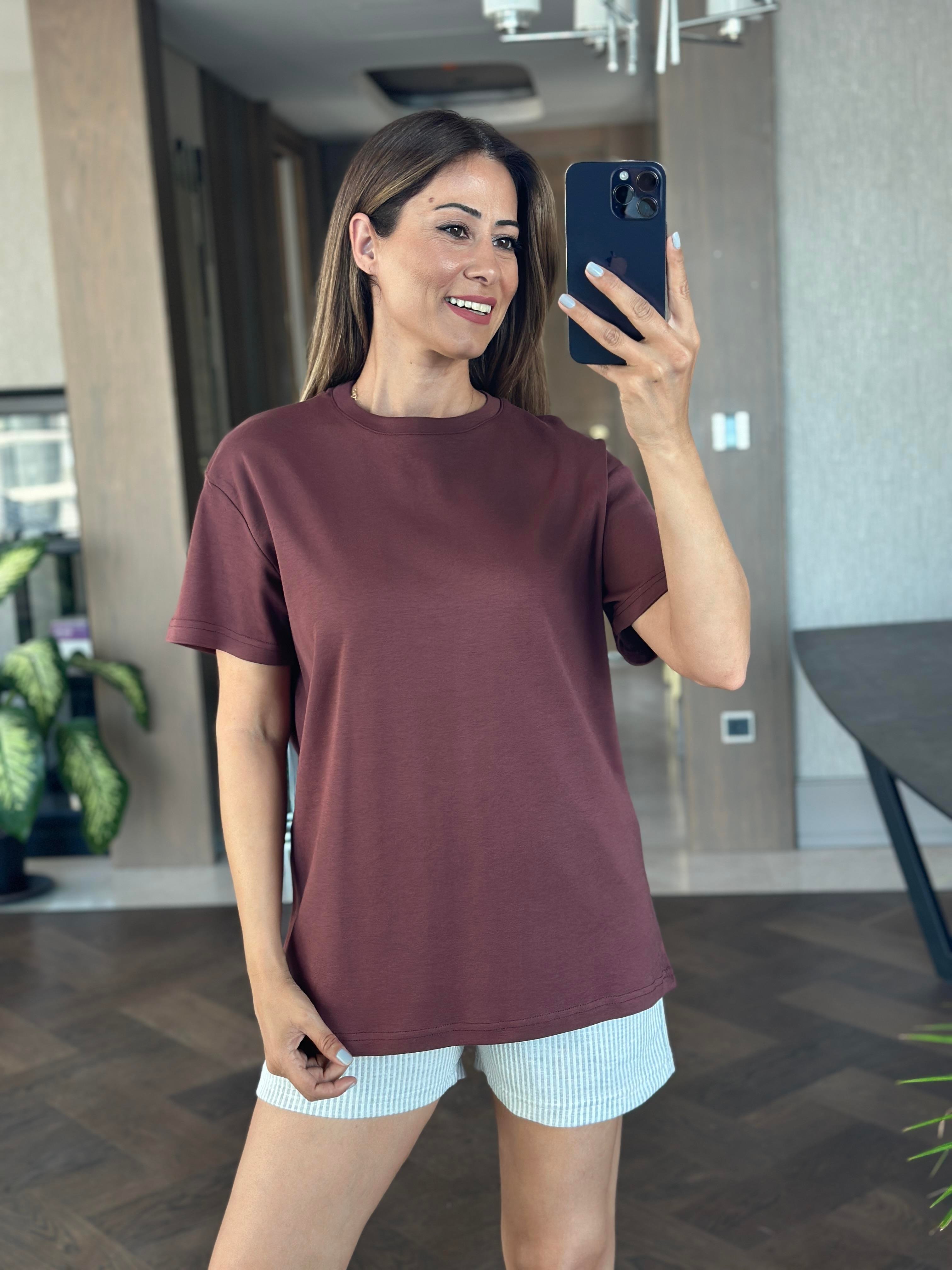 Kahverengi Düz Basic Mass Model Kadın T-Shirt