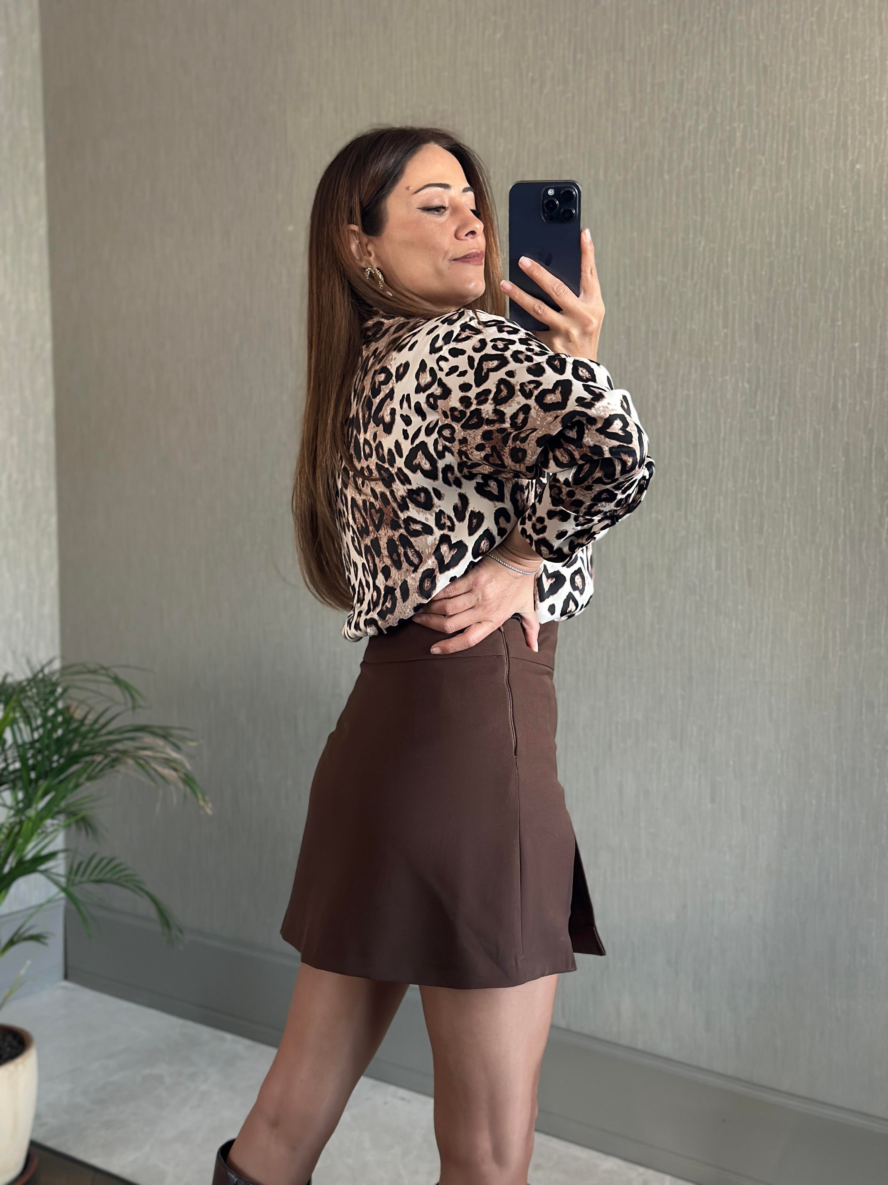 Kahverengi İçi Şortlu Yandan Fermuarlı Kadın Mini Etek