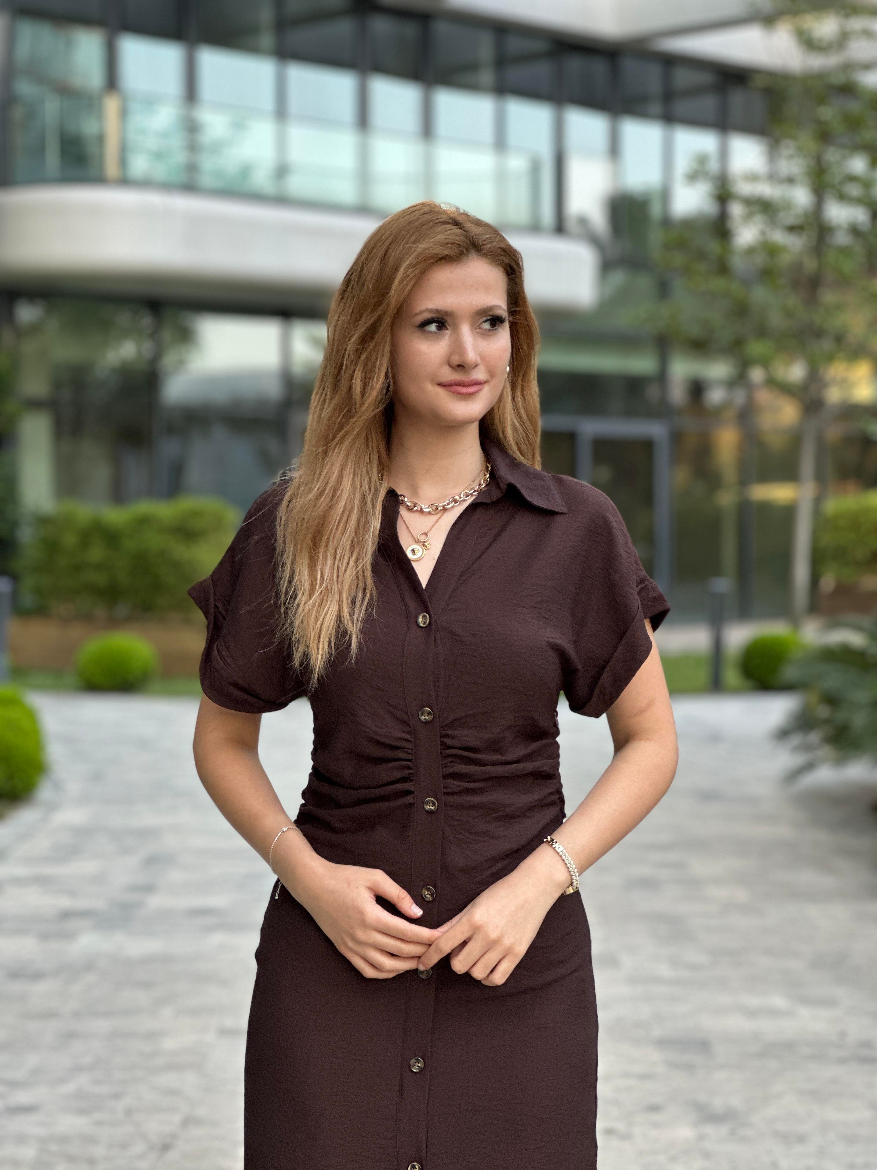 Kahverengi Kısa Kol Beli Drapeli Kadın Gömlek Elbise