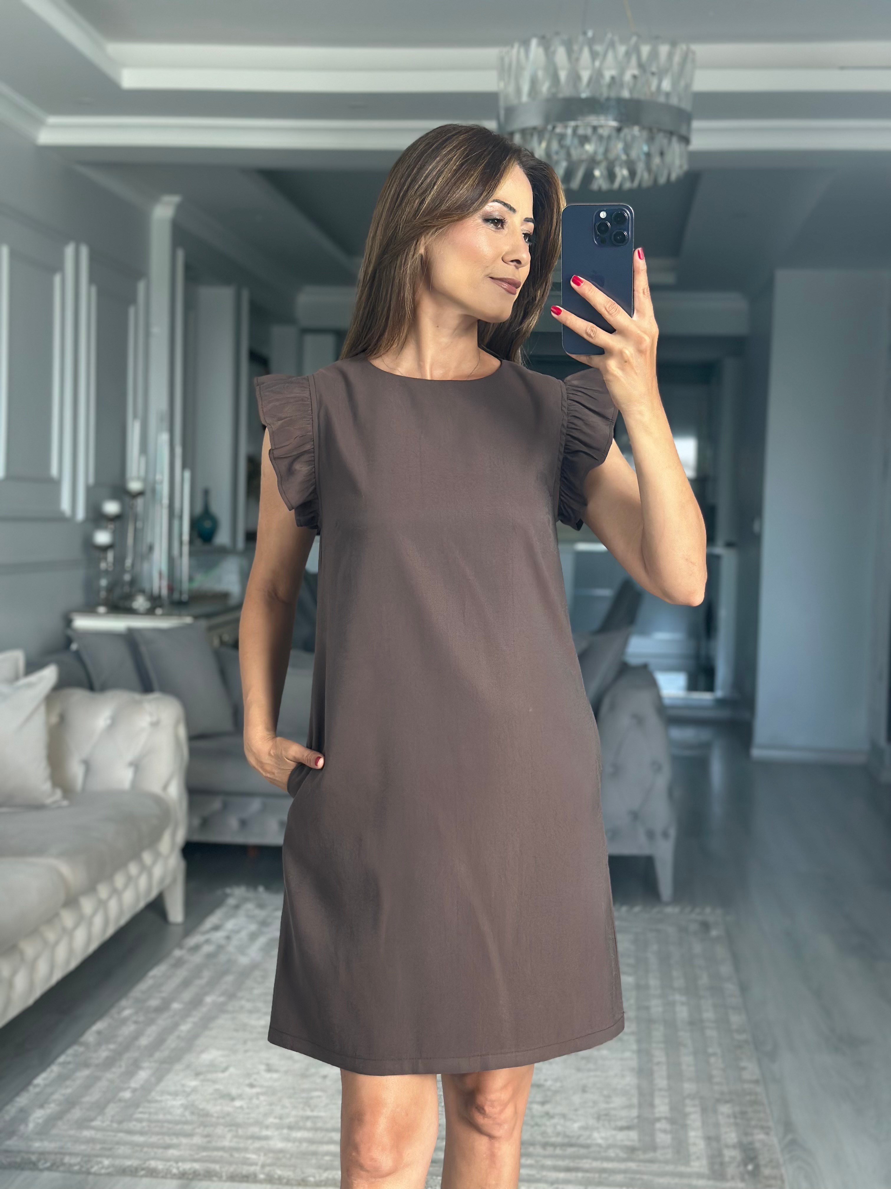 Kahverengi Kolları Fırfırlı Cepli Mini Kadın Mini Elbise 