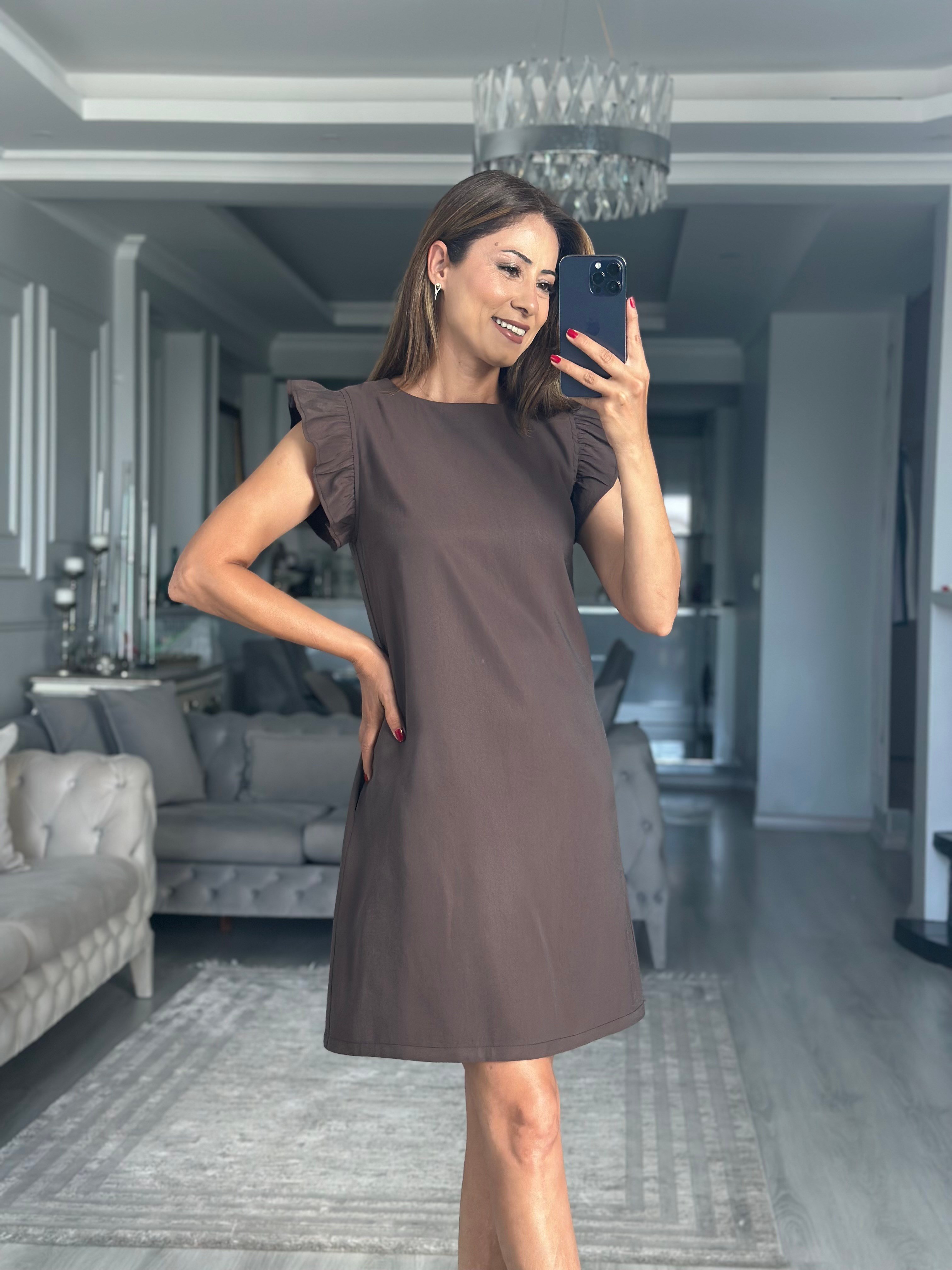 Kahverengi Kolları Fırfırlı Cepli Mini Kadın Mini Elbise 