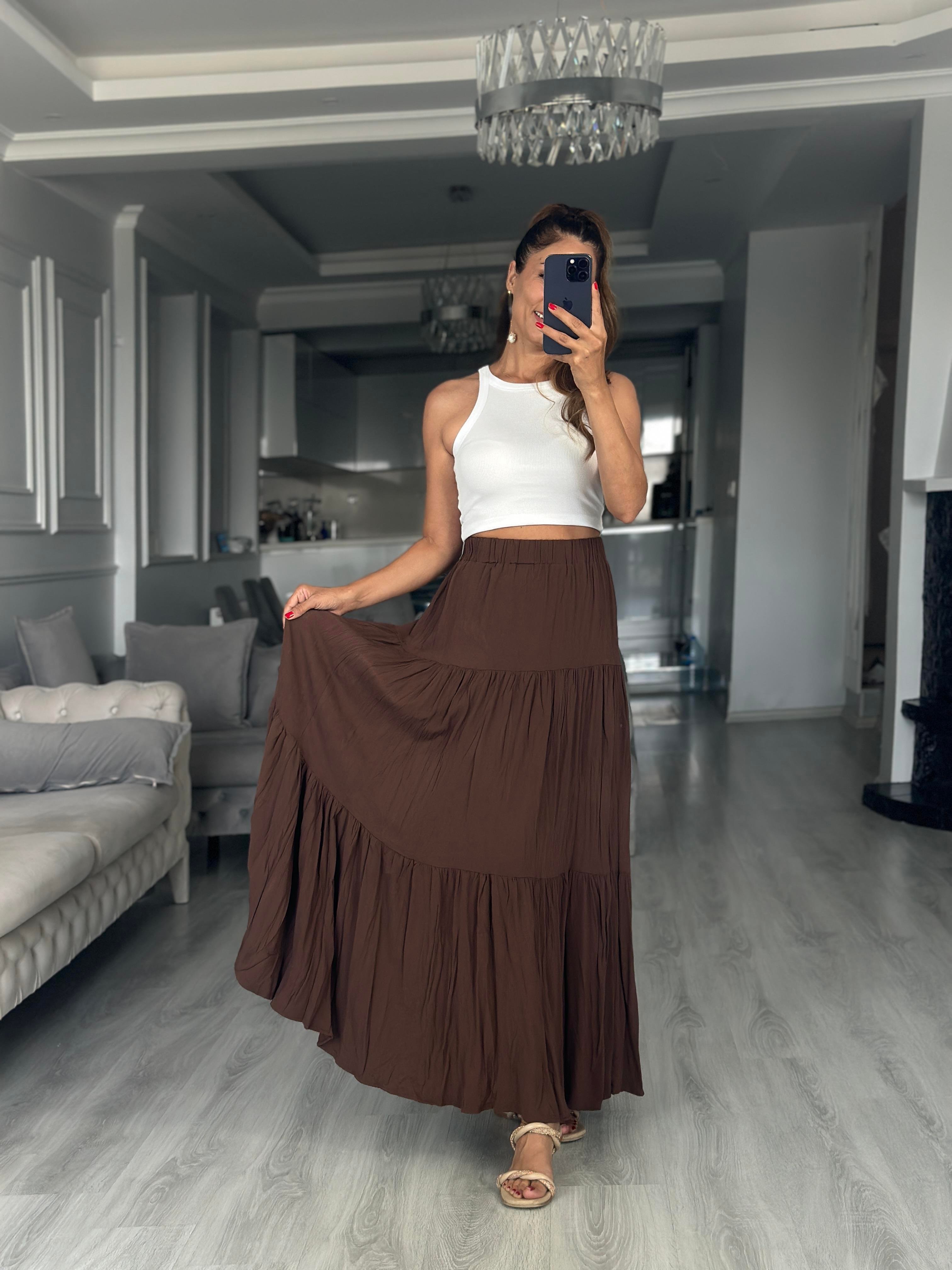 Kahverengi Krinkıl Beli Lastikli Kadın Midi Boy Etek