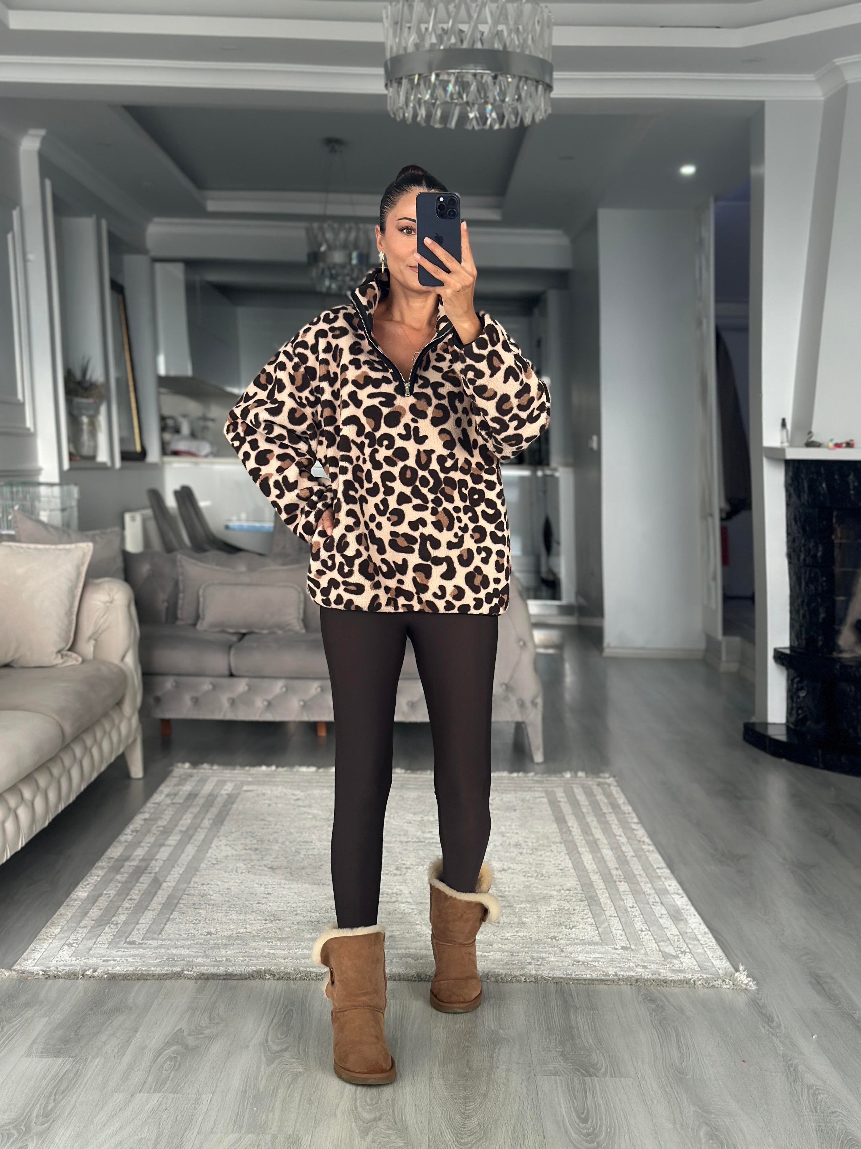 Kahverengi Leopar Desenli Kadın Sweatshirt