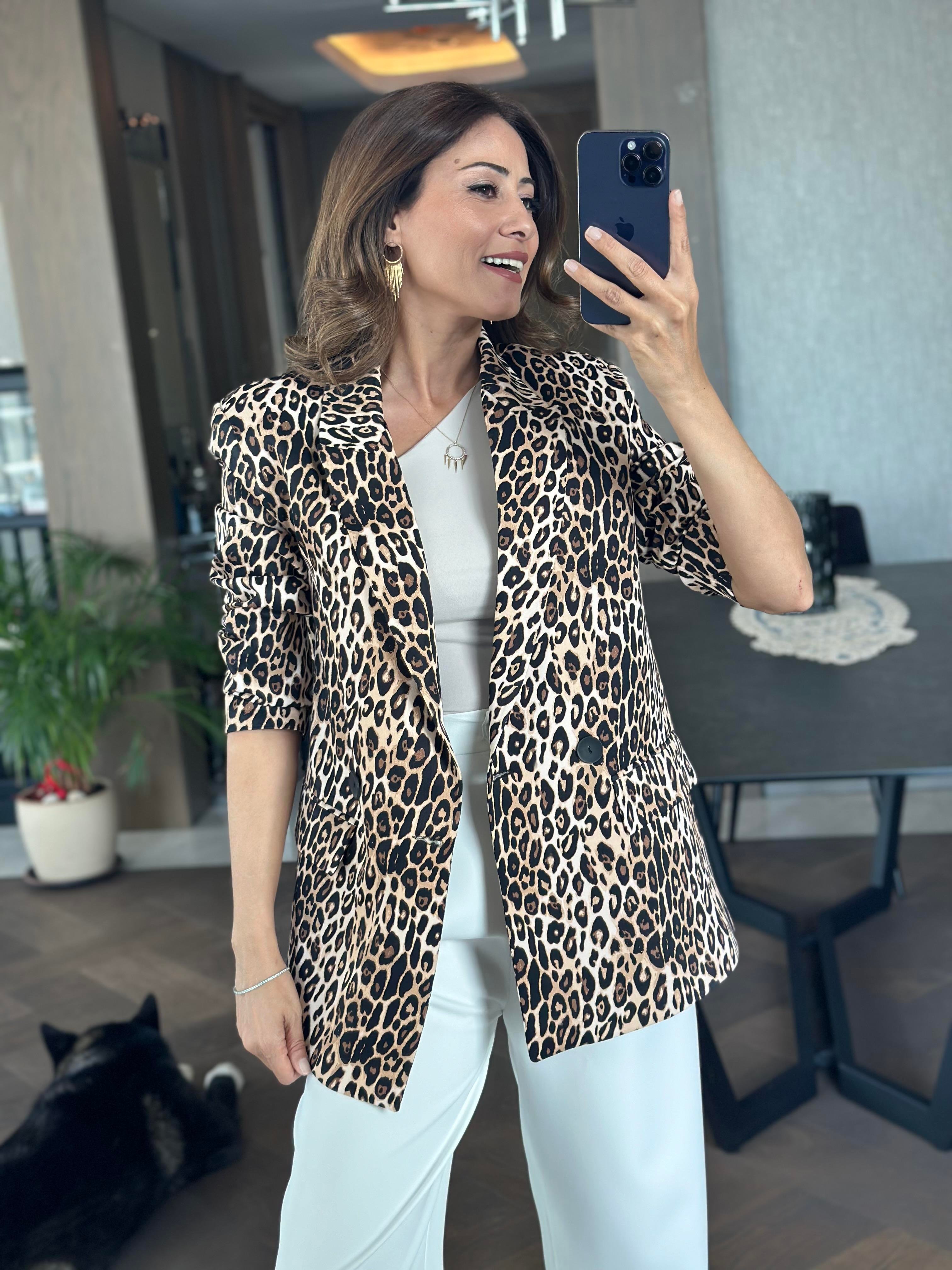 Kahverengi Leopar İpek Saten Orjinal Marka Blazer Kadın Ceket