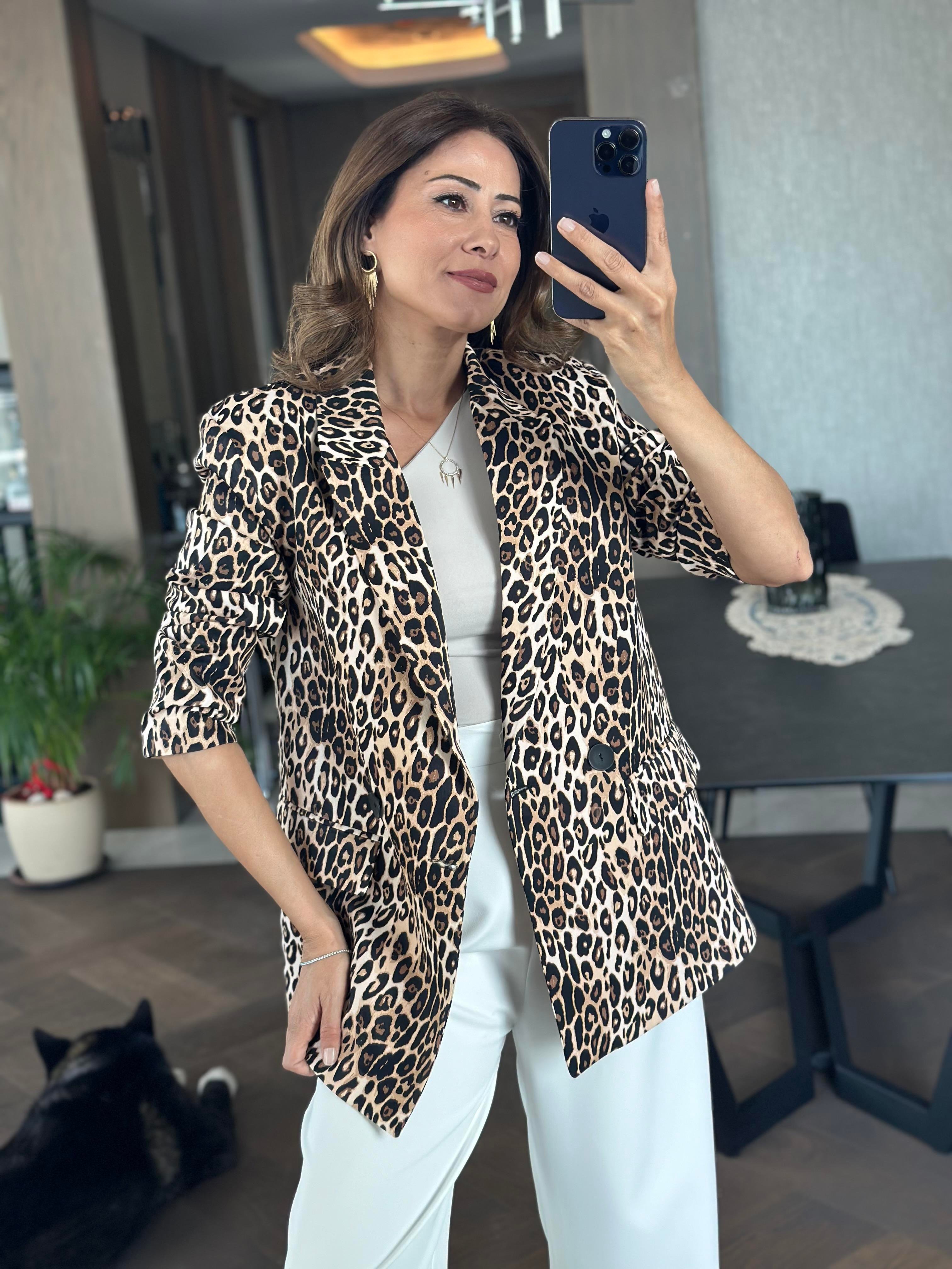 Kahverengi Leopar İpek Saten Orjinal Marka Blazer Kadın Ceket
