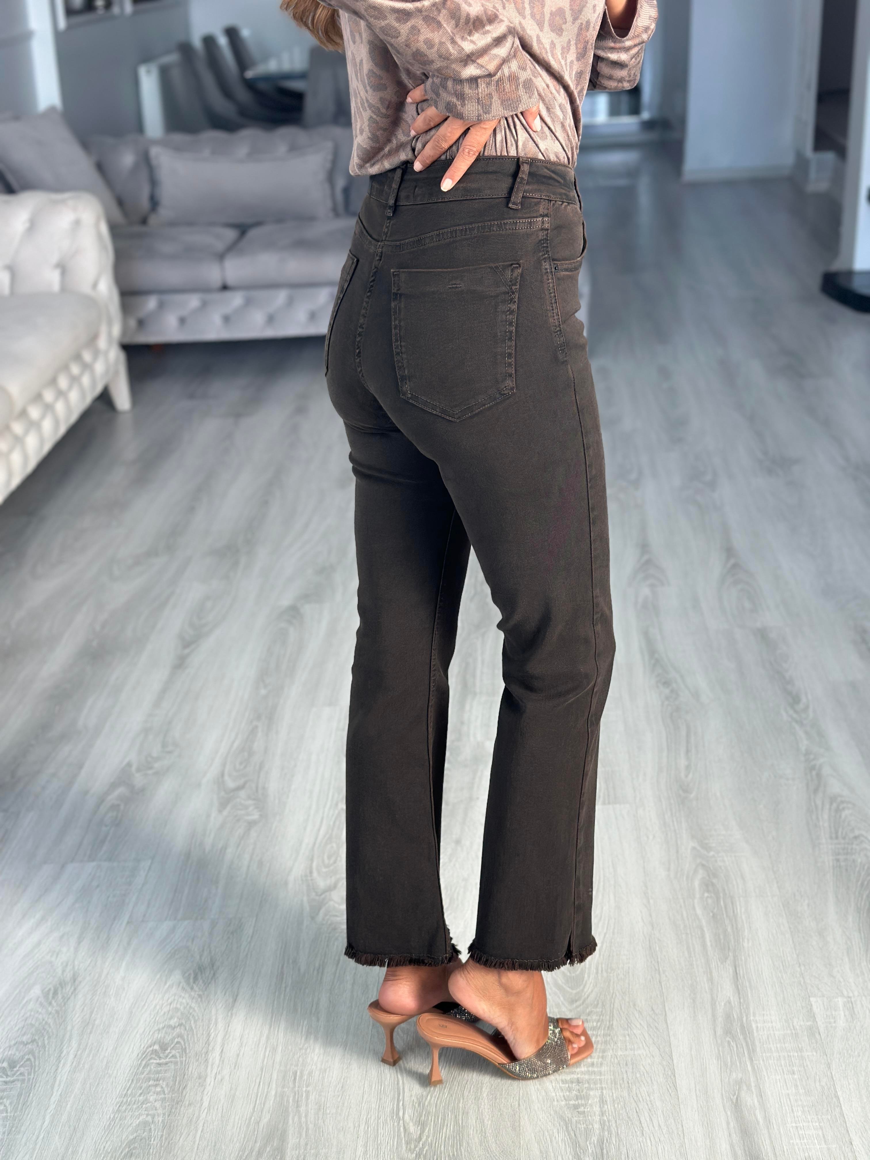 Kahverengi Mini Flare Paçası Püsküllü Kadın Jean Pantolon