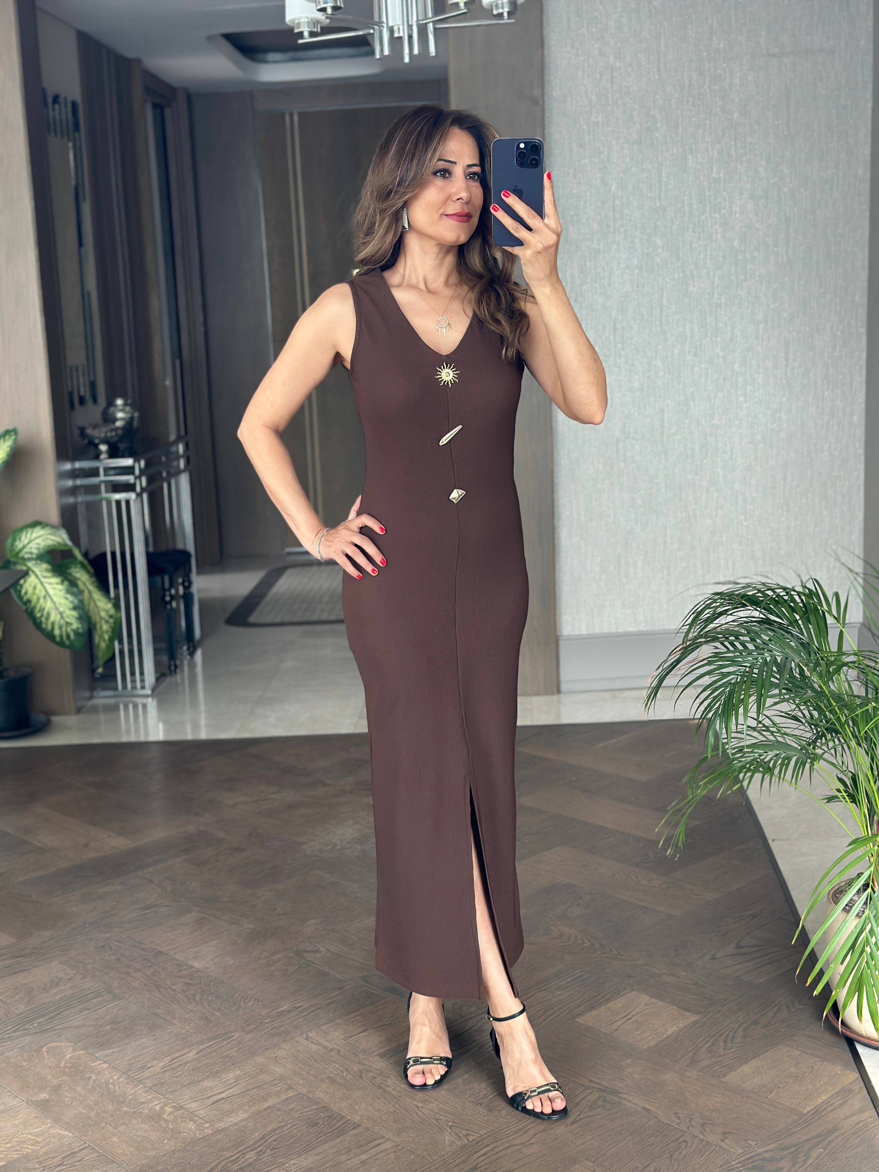 Kahverengi Önden Yırtmaçlı Güneş Serisi Ottoman Kumaş Maksi Boy Kadın Elbise 