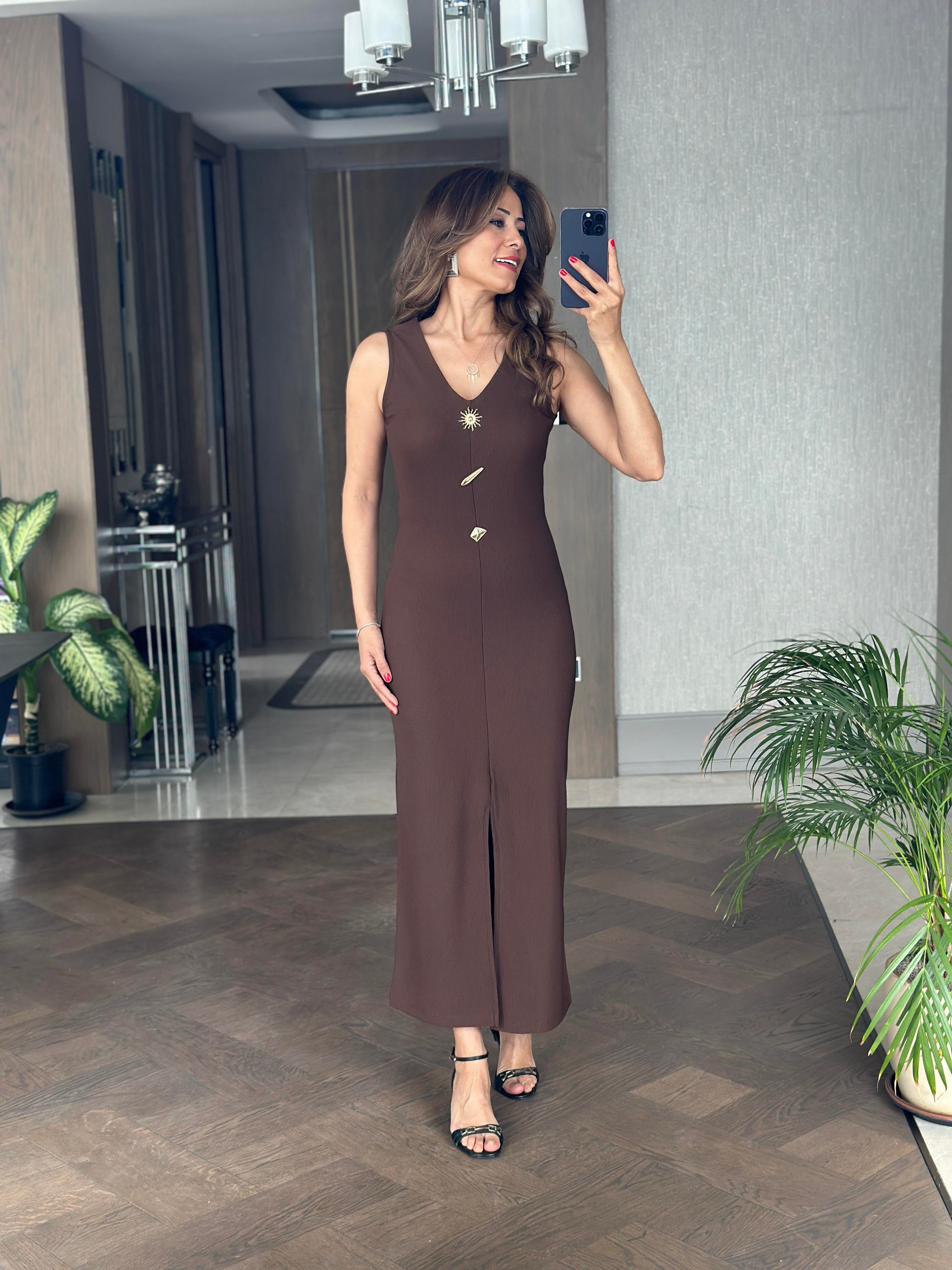 Kahverengi Önden Yırtmaçlı Güneş Serisi Ottoman Kumaş Maksi Boy Kadın Elbise 