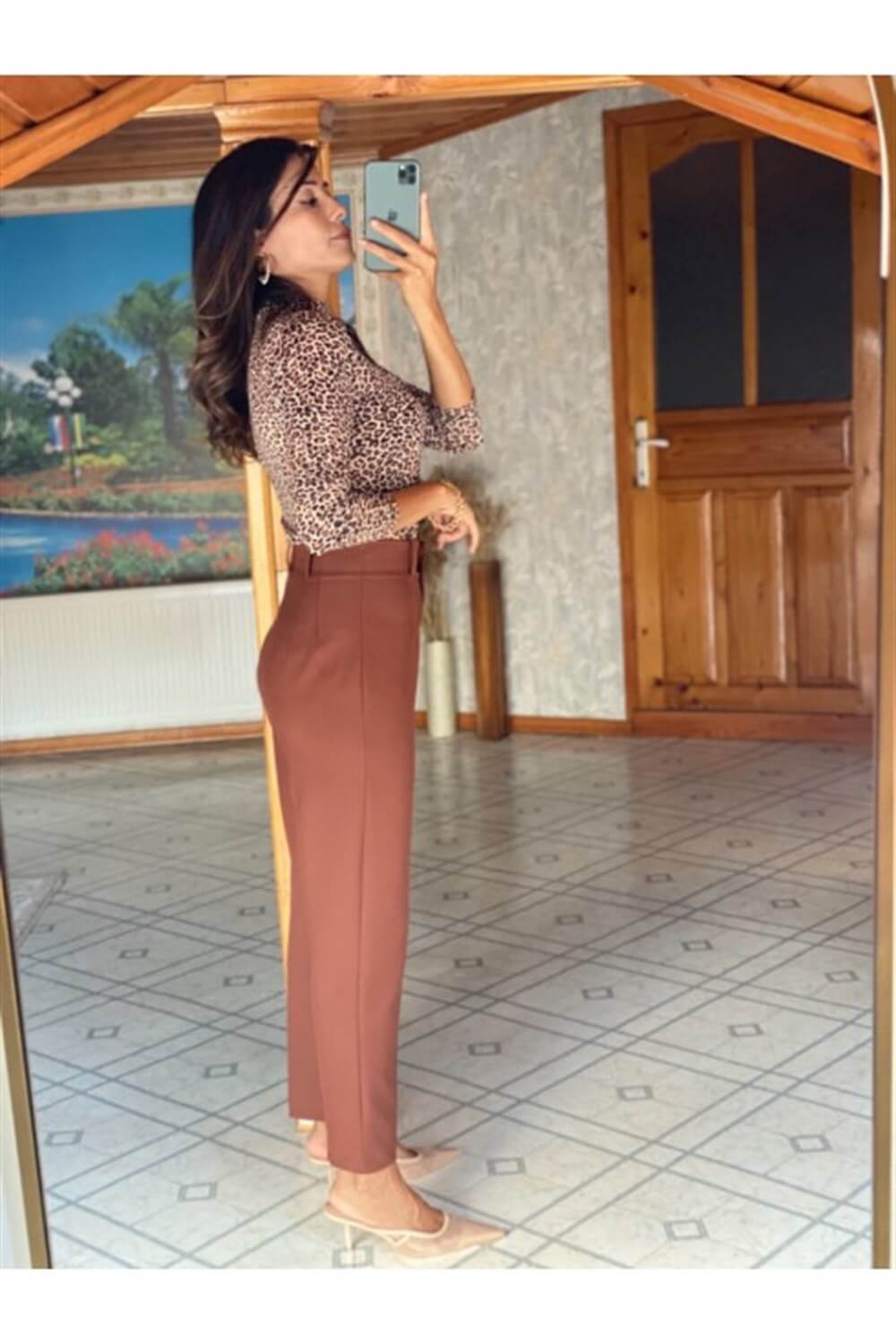 Kahverengi Önü Dikişli Kumaş Pantolon 