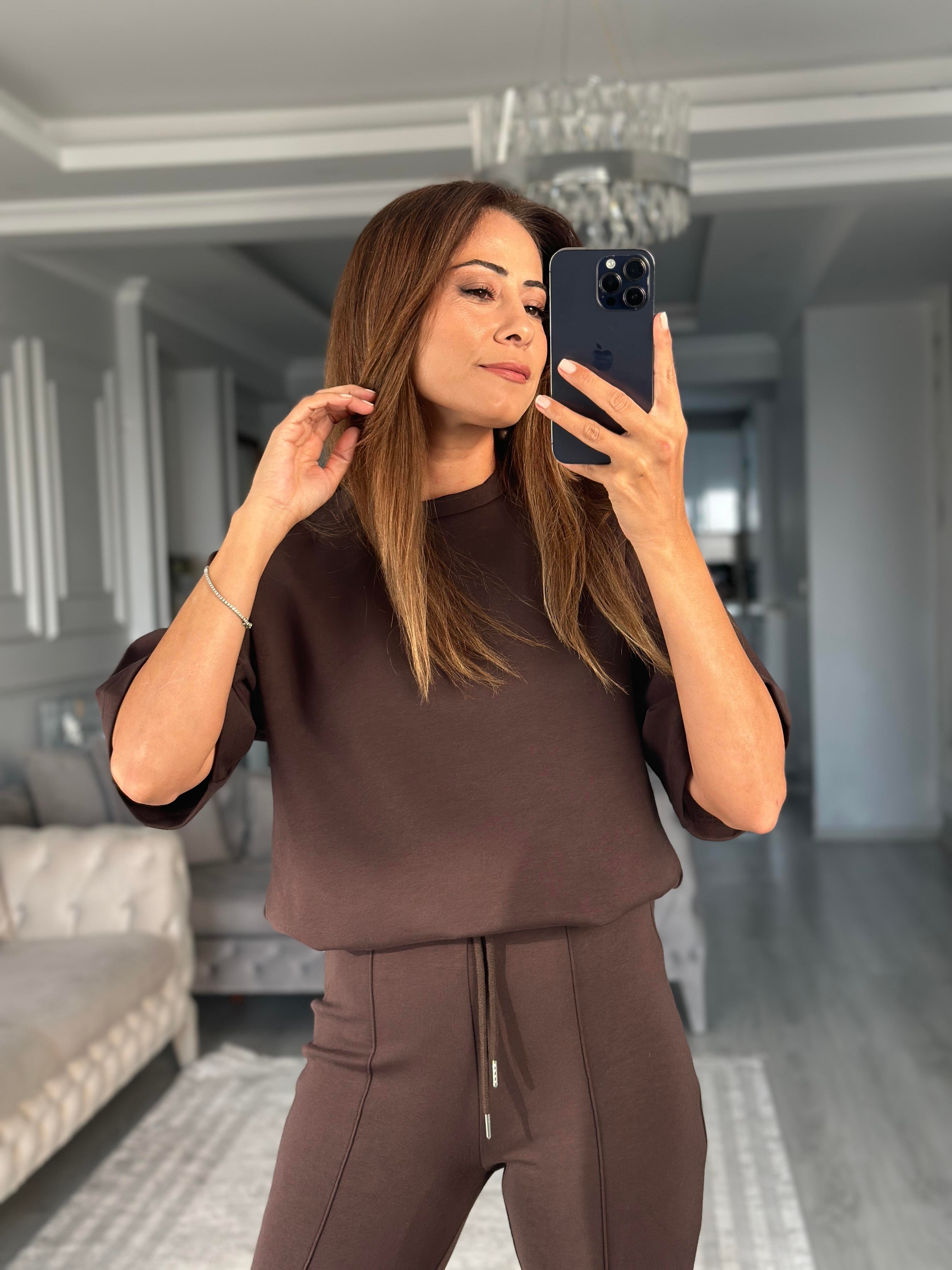 Kahverengi Oversize T-shirt Cepsiz Pantolon İnterlok Kadın İkili Takım