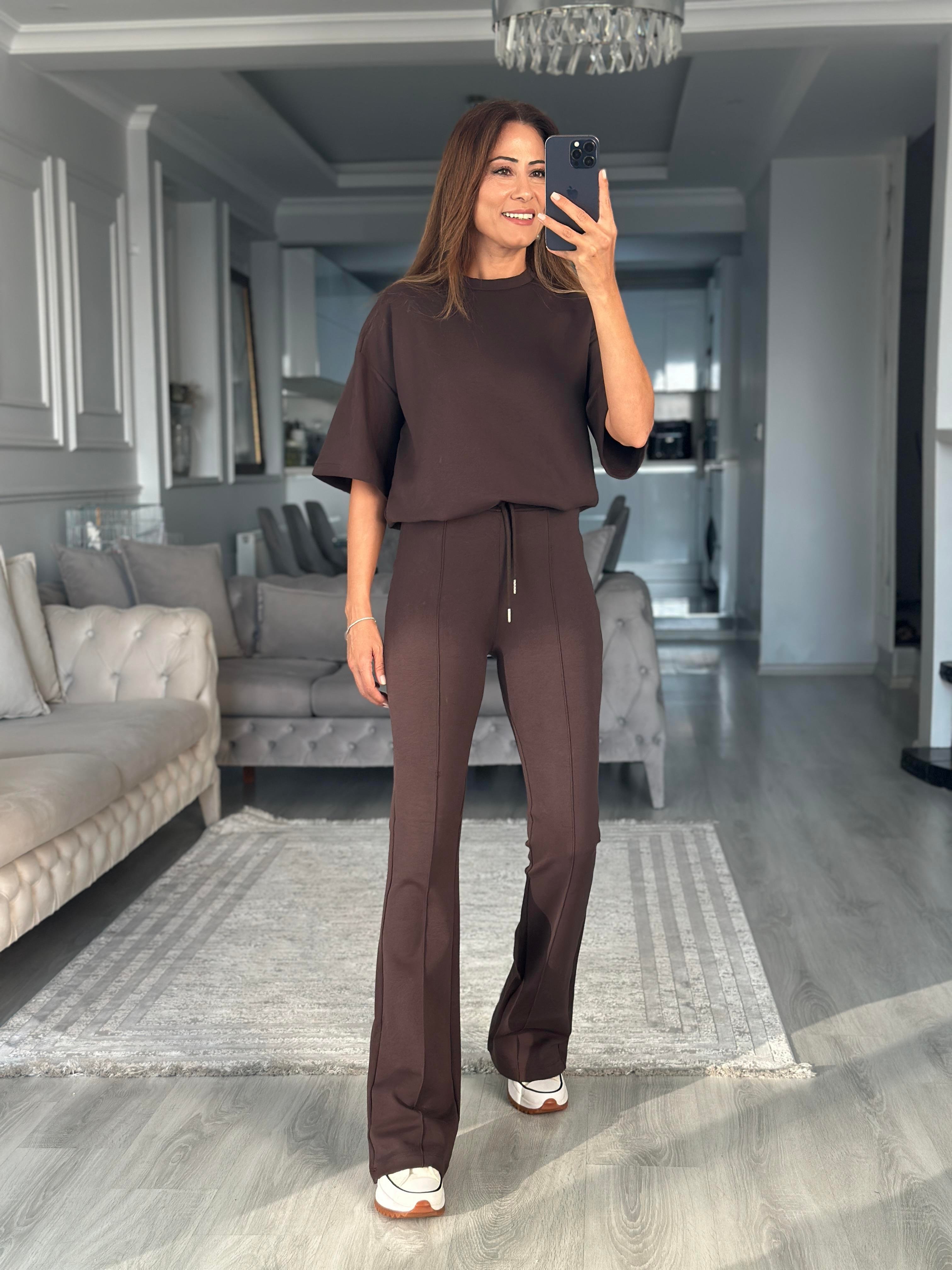 Kahverengi Oversize T-shirt Cepsiz Pantolon İnterlok Kadın İkili Takım