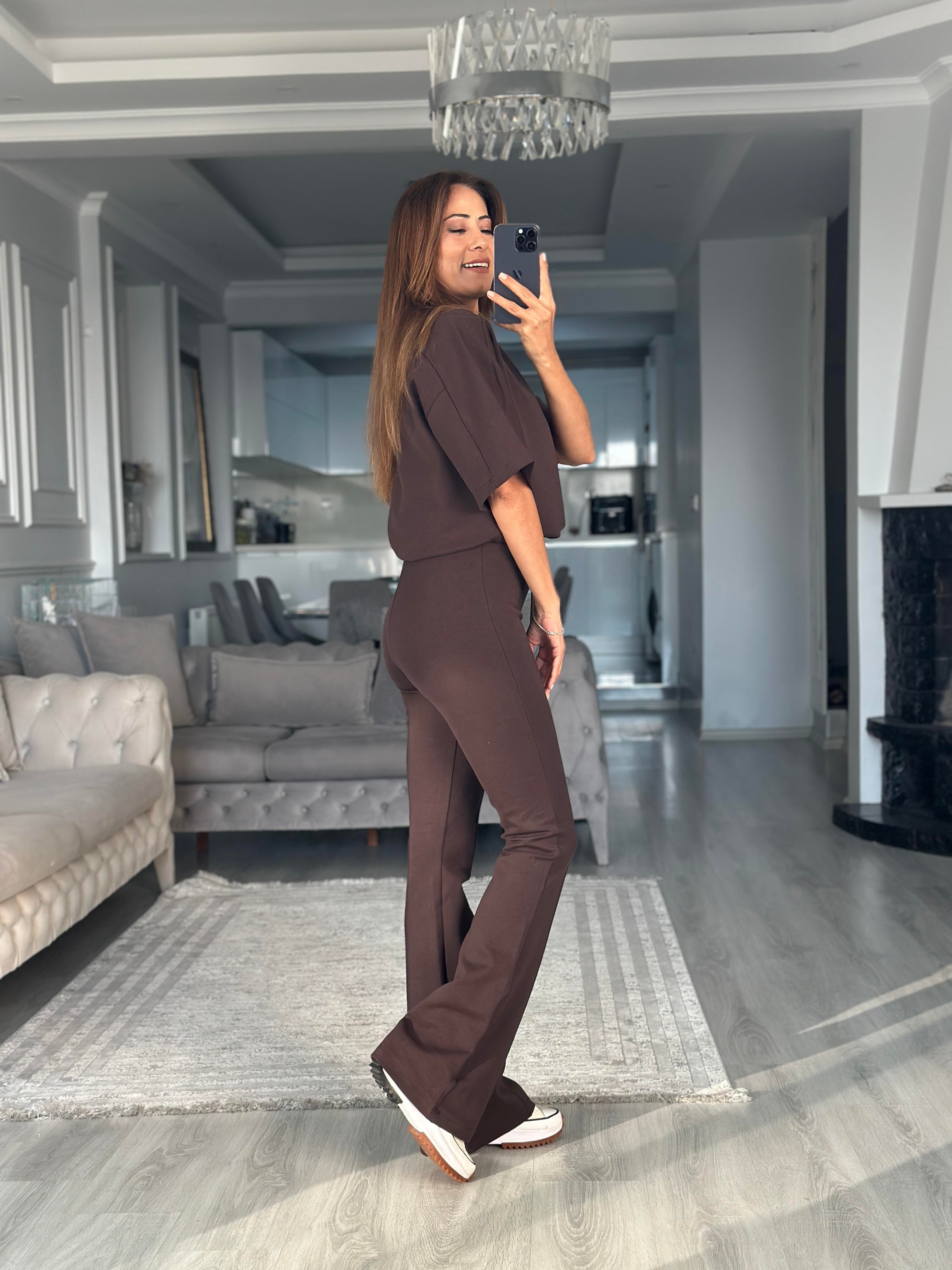 Kahverengi Oversize T-shirt Cepsiz Pantolon İnterlok Kadın İkili Takım