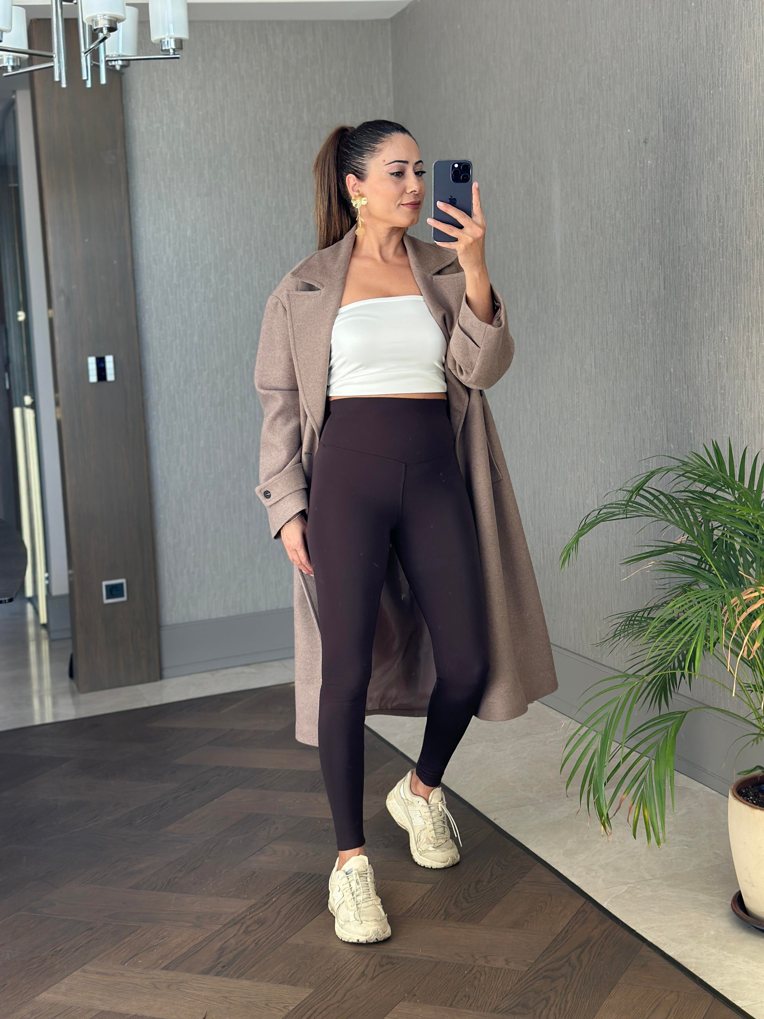 Kahverengi Oysh Model Yüksek Bel Şardonlu Kadın Tayt