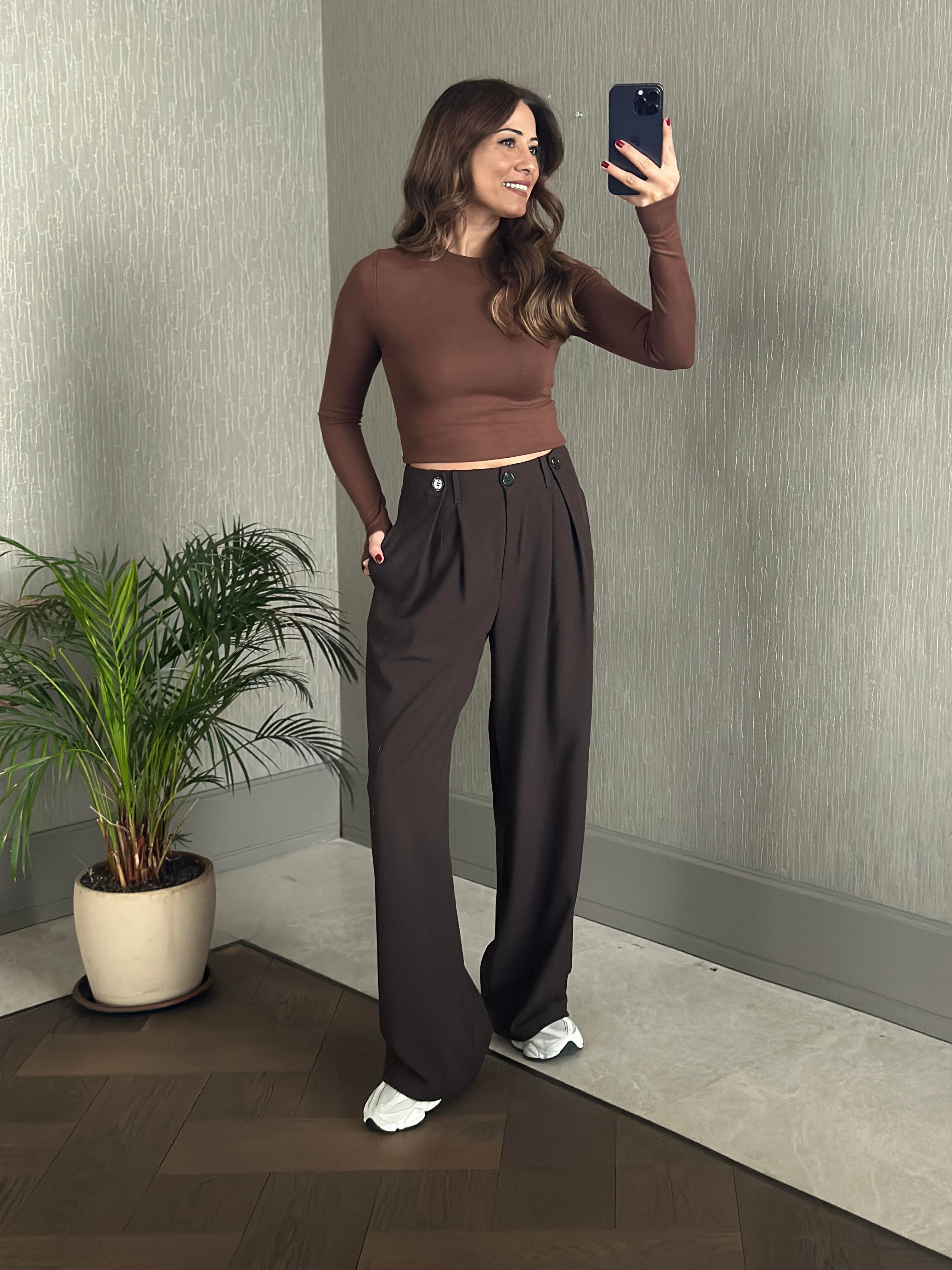 Kahverengi Pilesi Düğme Detay Cepli Palazzo Kadın Kumaş Pantolon