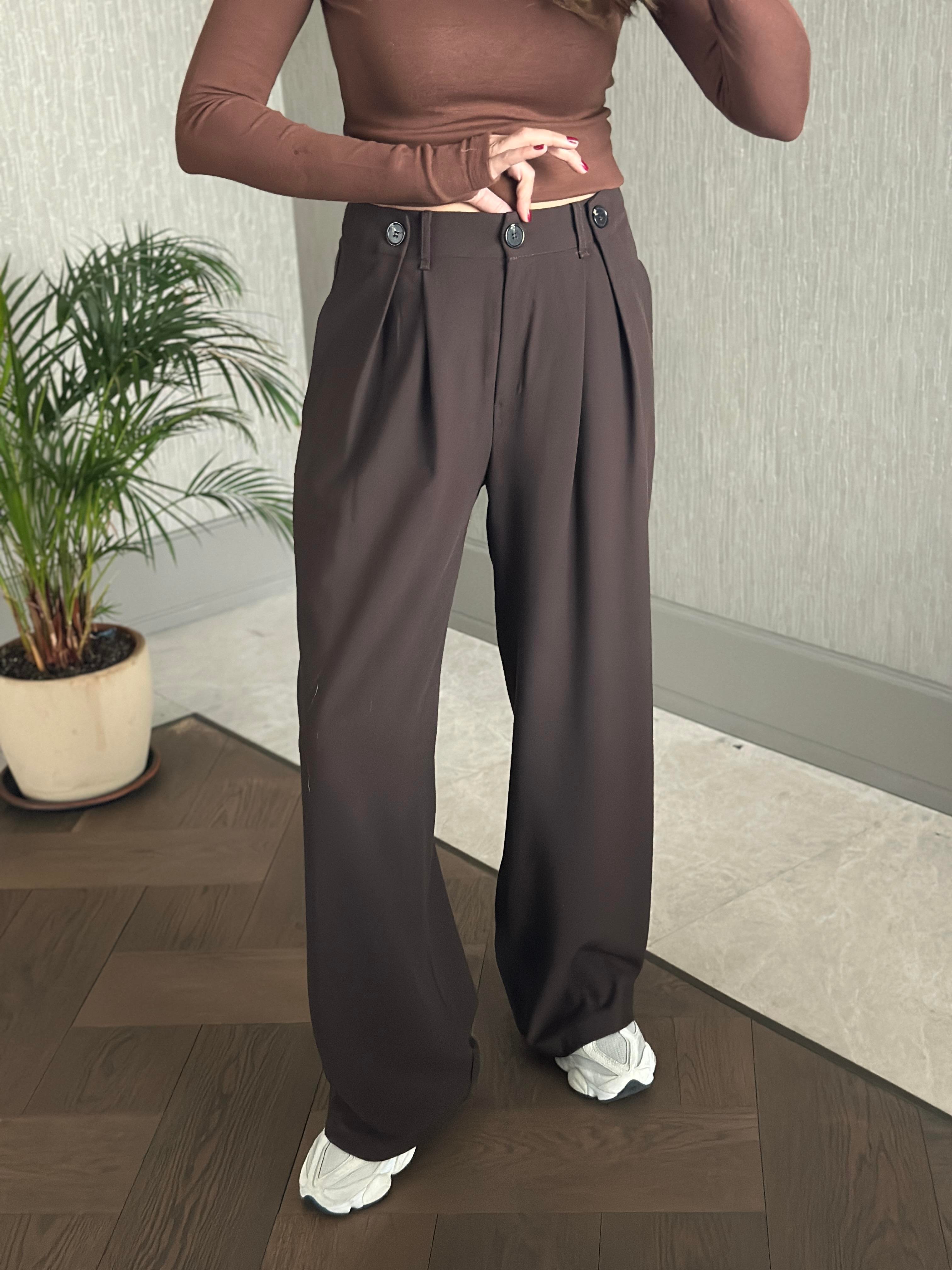 Kahverengi Pilesi Düğme Detay Cepli Palazzo Kadın Kumaş Pantolon