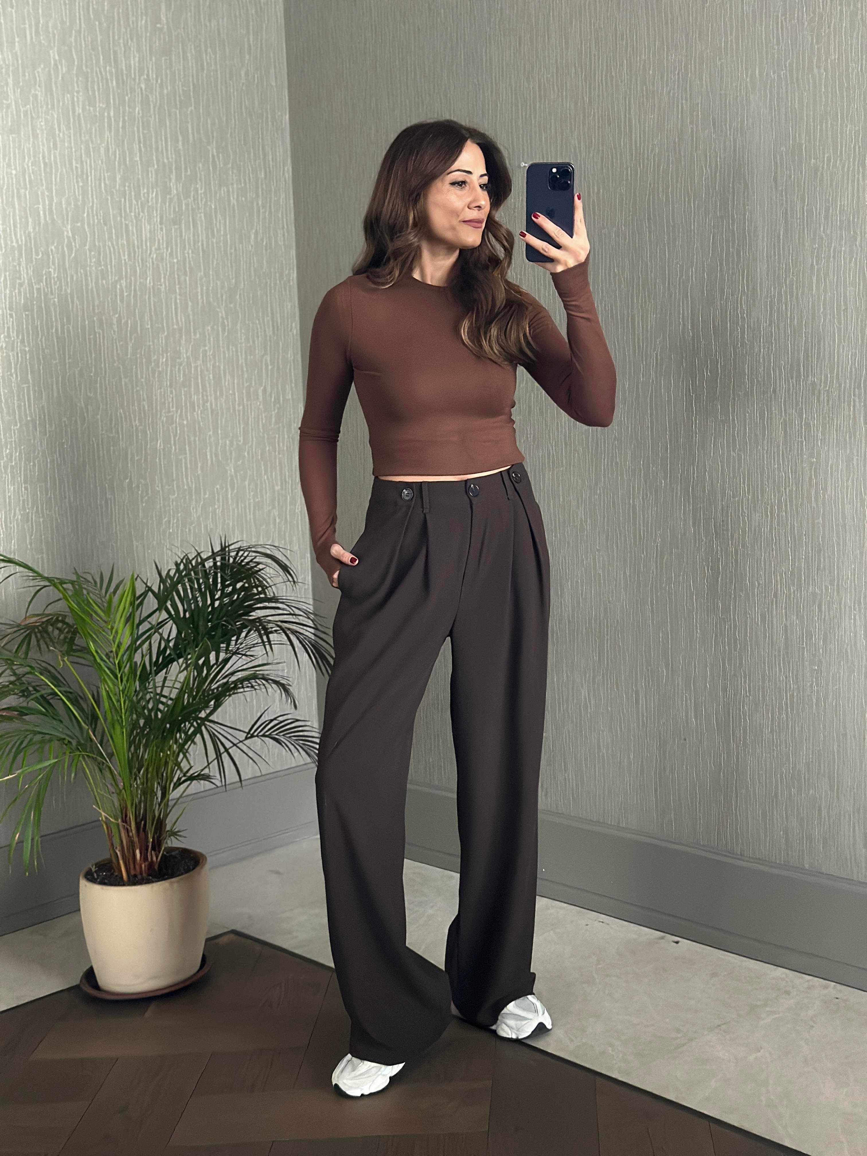 Kahverengi Pilesi Düğme Detay Cepli Palazzo Kadın Kumaş Pantolon