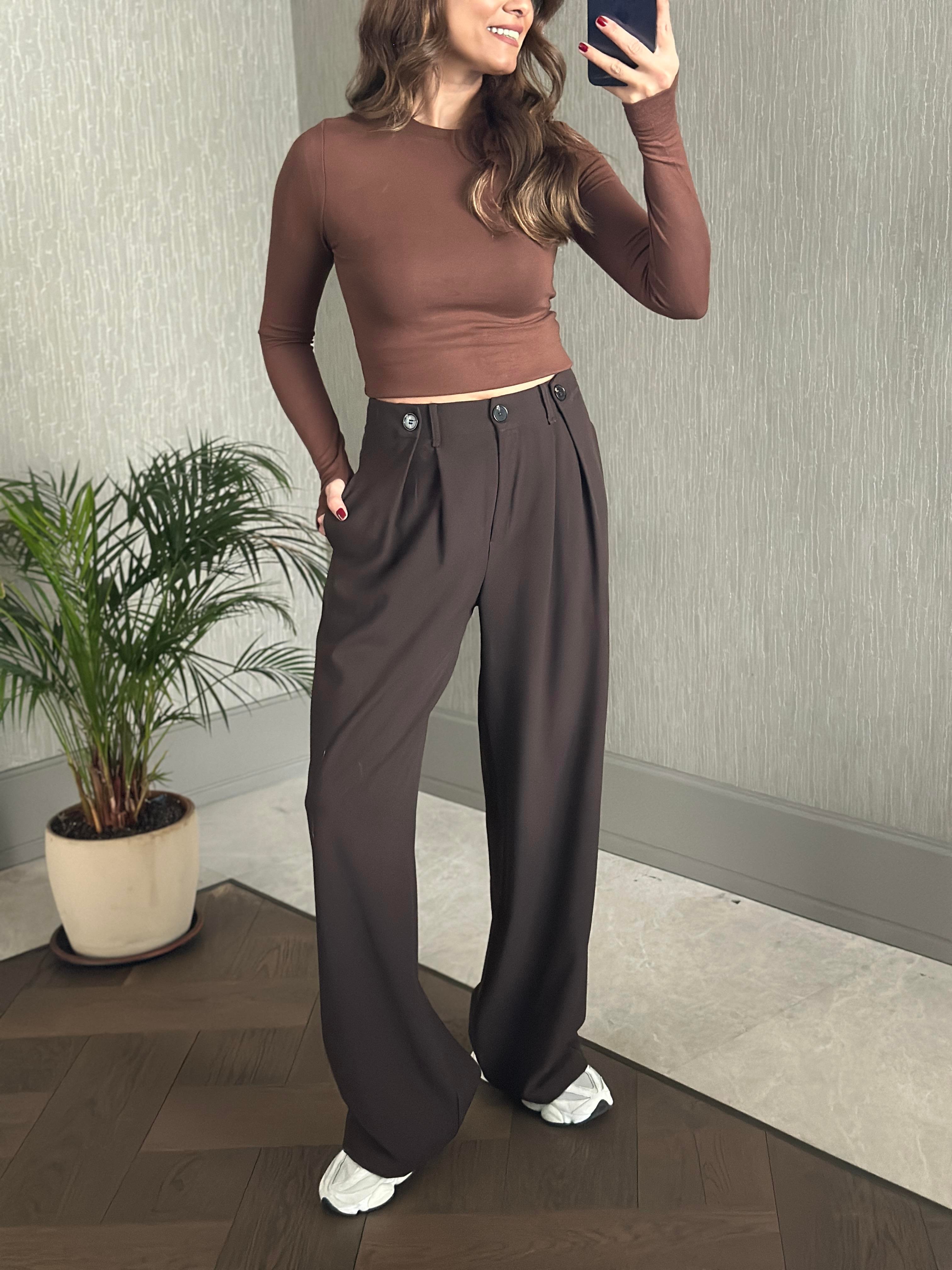 Kahverengi Pilesi Düğme Detay Cepli Palazzo Kadın Kumaş Pantolon