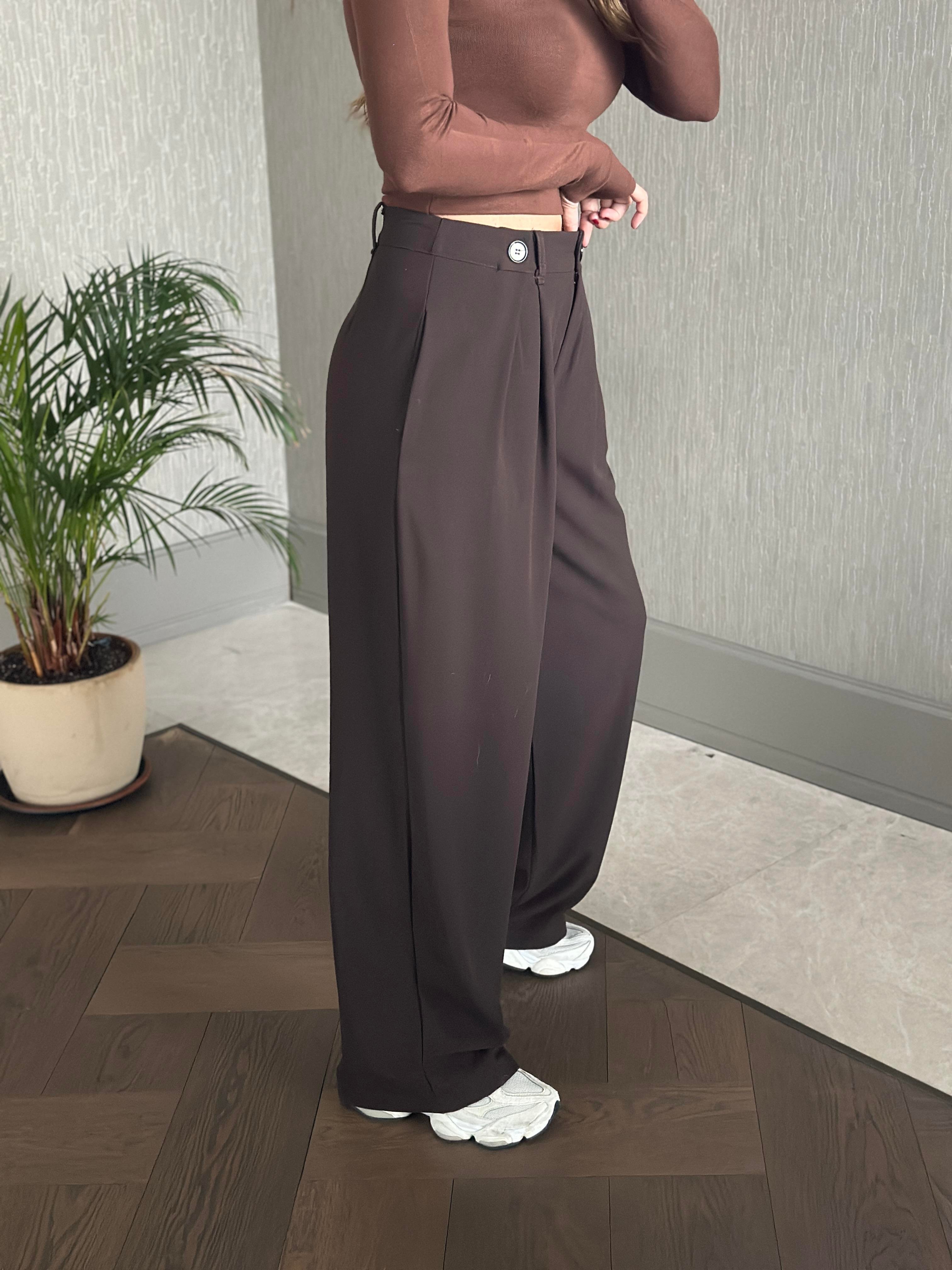 Kahverengi Pilesi Düğme Detay Cepli Palazzo Kadın Kumaş Pantolon