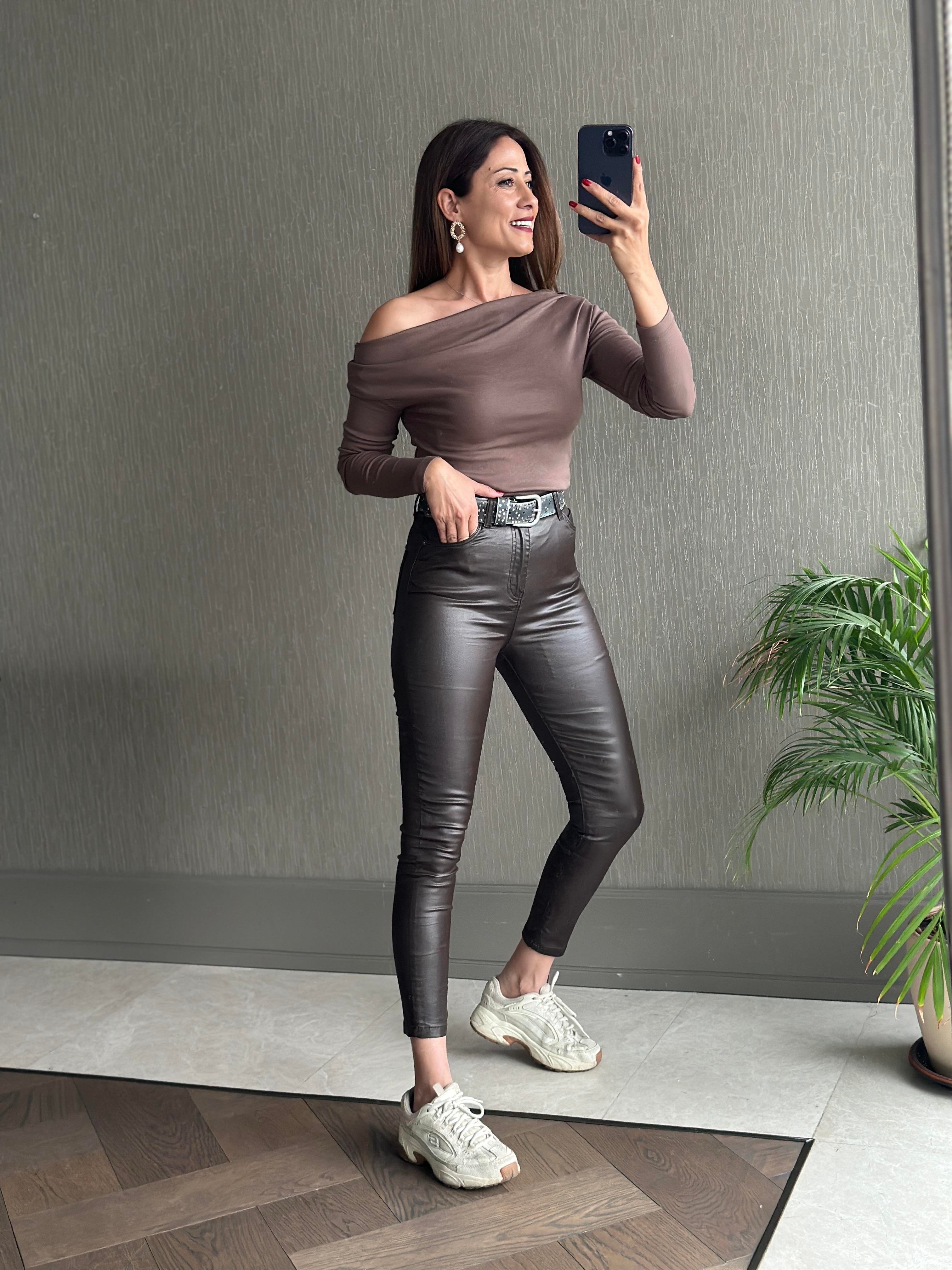 Kahverengi Samyeli Mum Kaplamalı Skinny Kadın Jean Pantolon