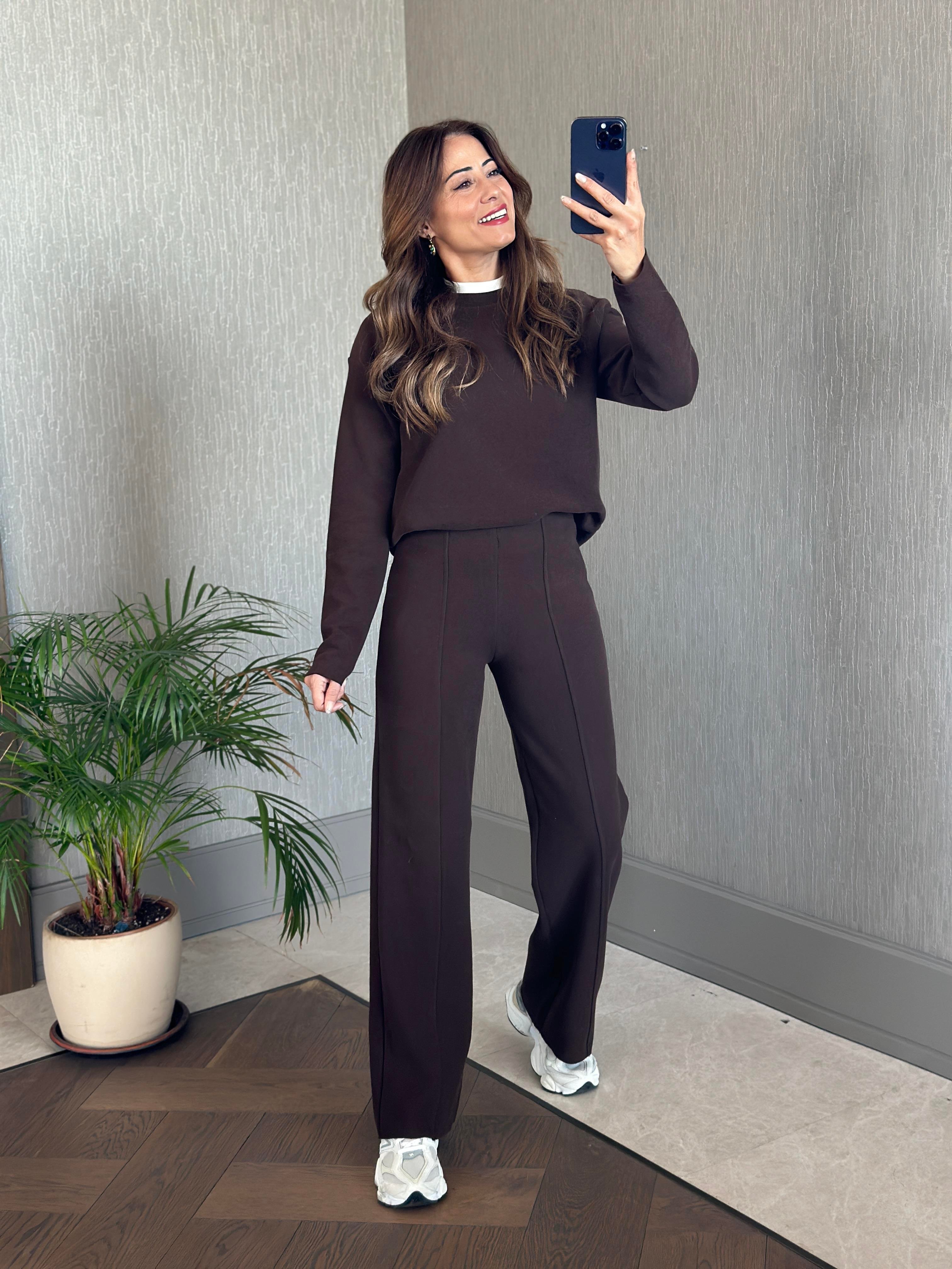 Kahverengi Selanik Eteği Ve Paçası Kesik Sweatshirt Pantolon Kadın Alt Üst Takım