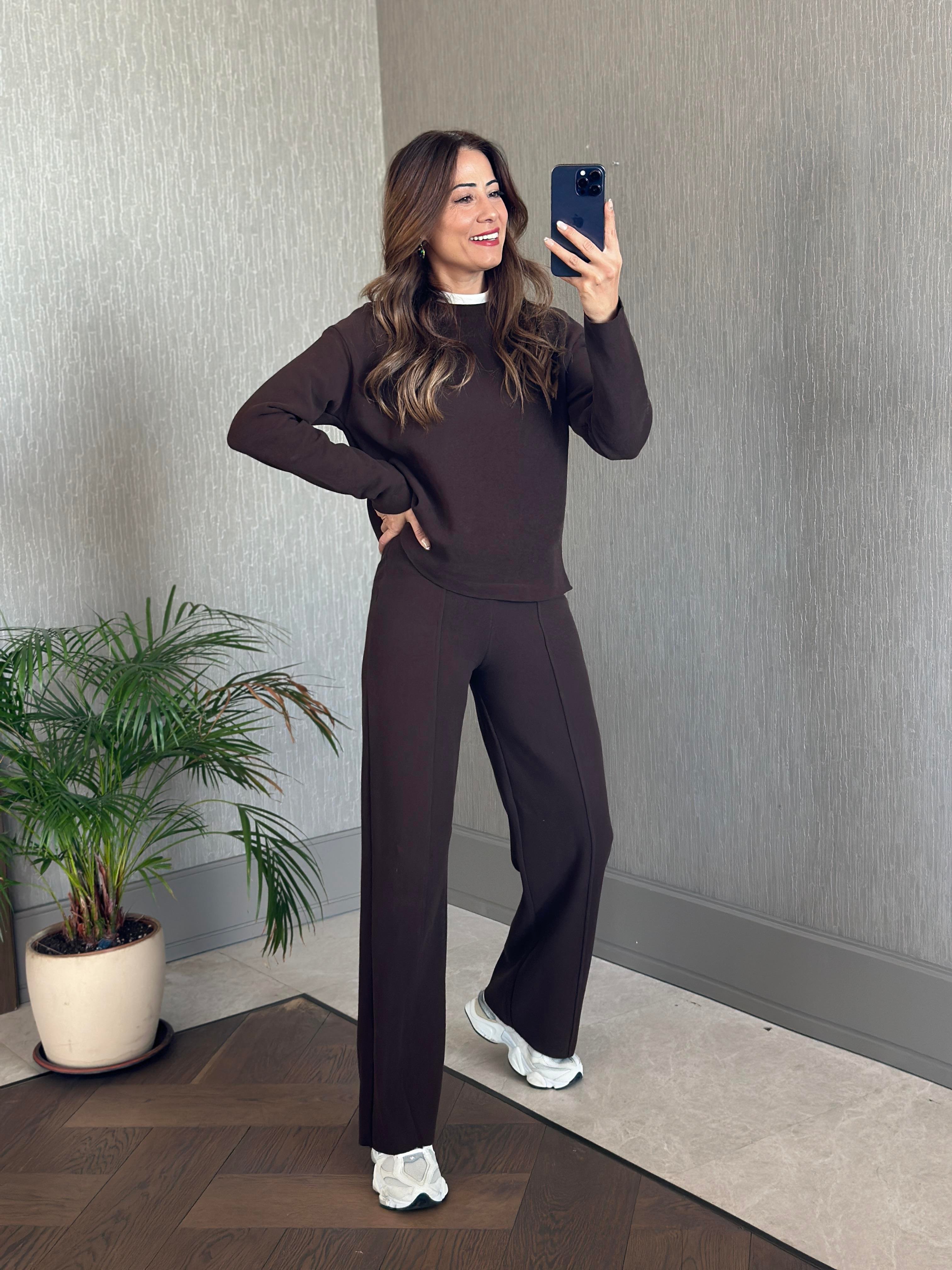 Kahverengi Selanik Eteği Ve Paçası Kesik Sweatshirt Pantolon Kadın Alt Üst Takım