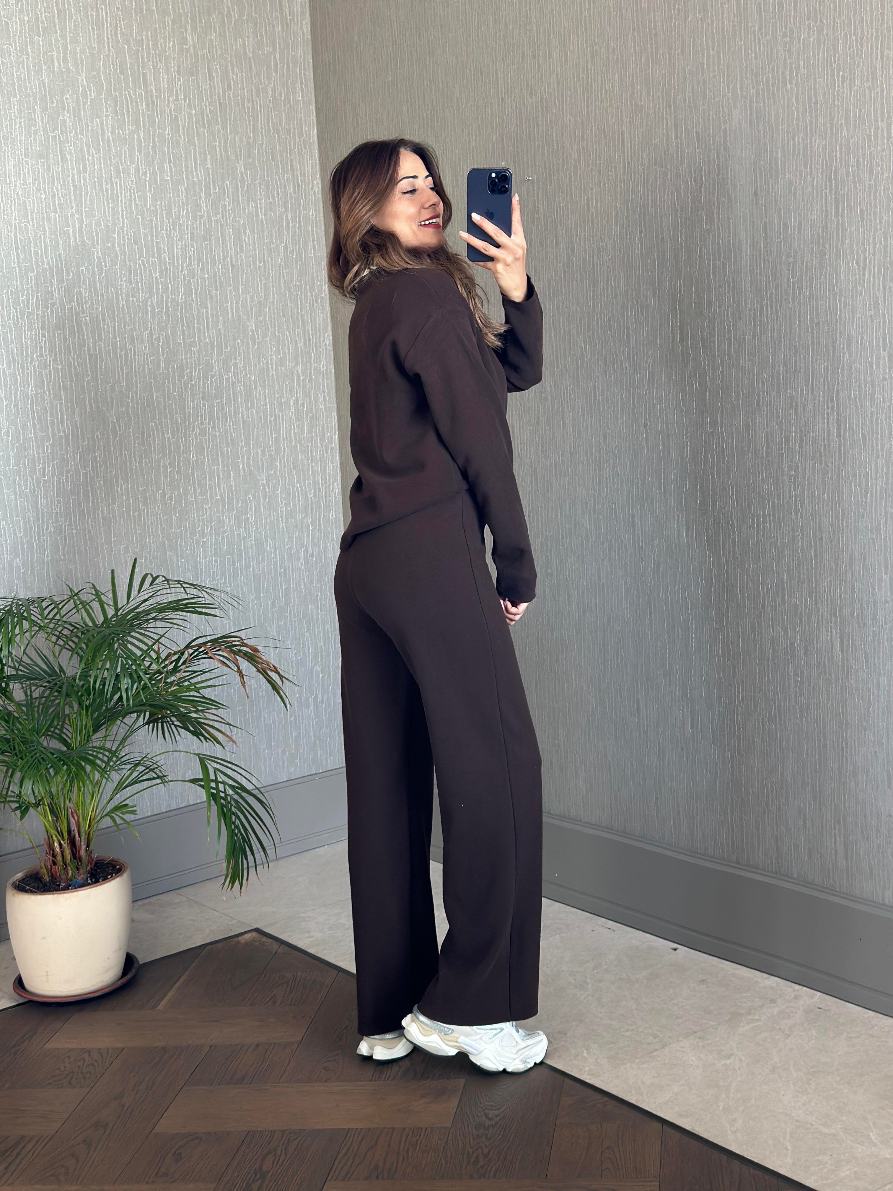 Kahverengi Selanik Eteği Ve Paçası Kesik Sweatshirt Pantolon Kadın Alt Üst Takım