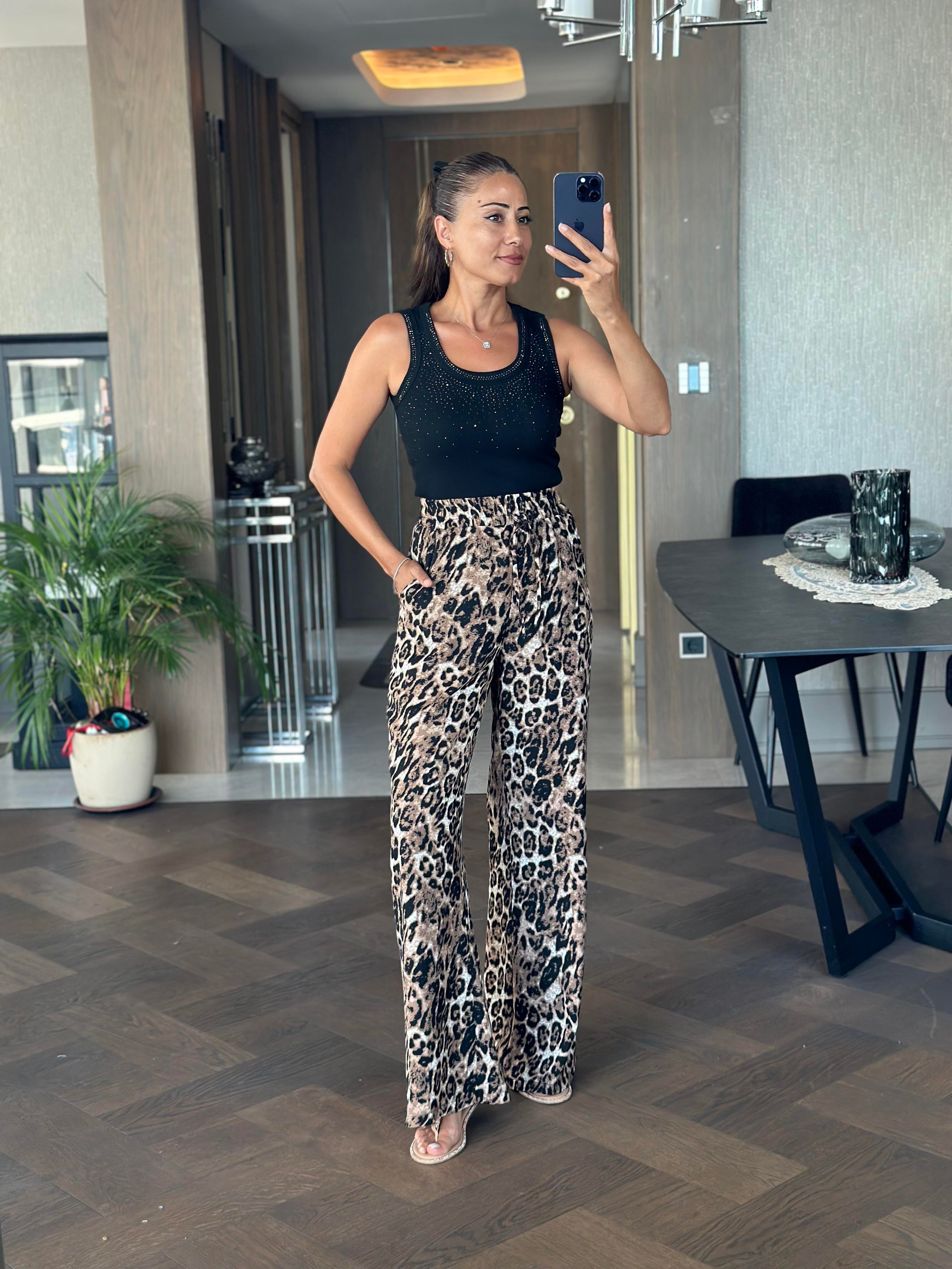 Kahverengi Siyah Leopar Desenli Beli Lastikli Cepli Kadın Pantolon