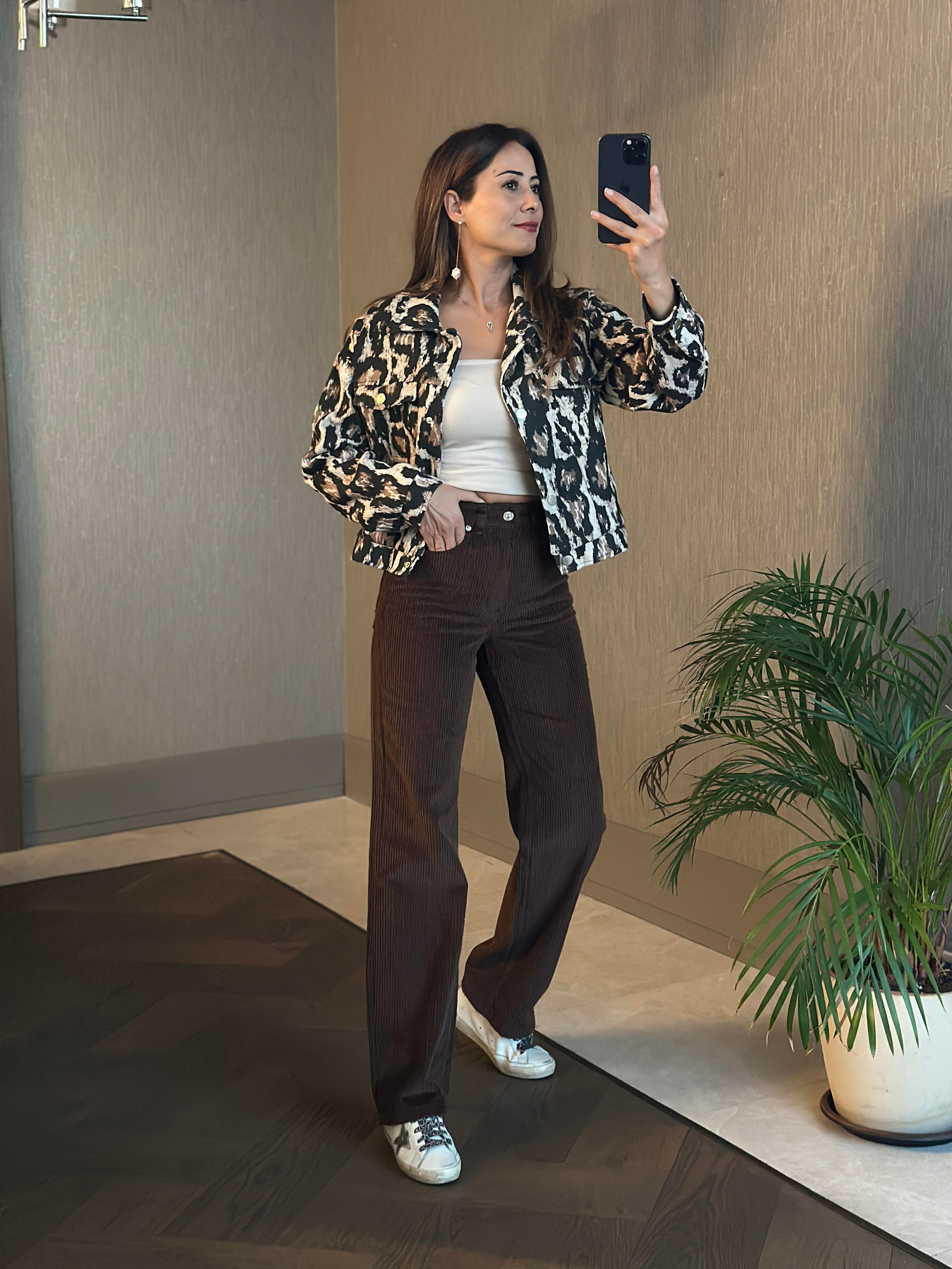 Kahverengi Siyah Leopar Desenli Çıtçıt Düğmeli Kadın Kaşe Ceket